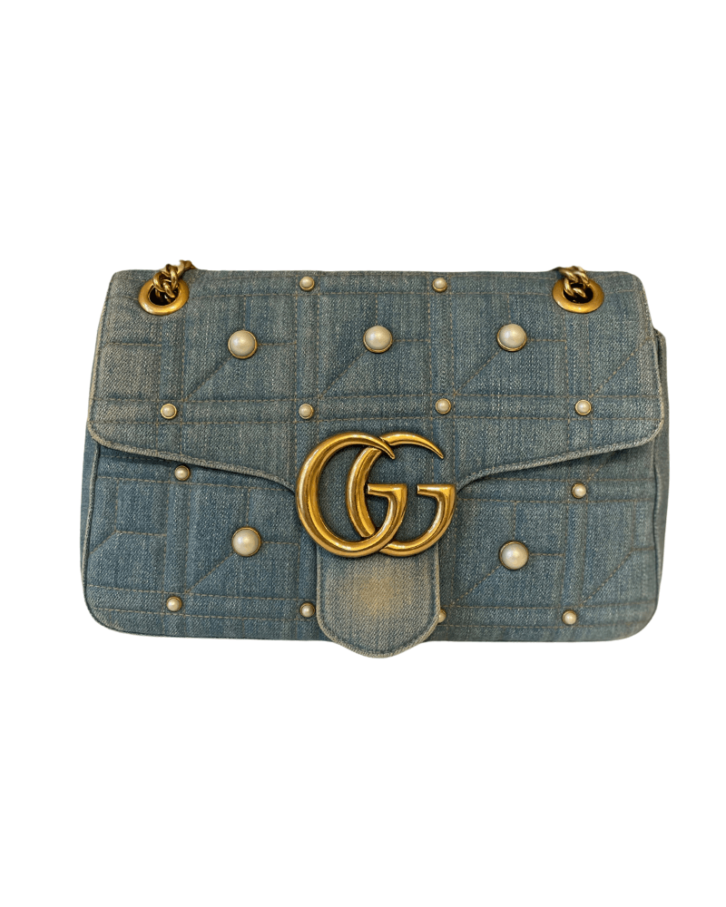 GUCCI MARMONT GG PEARLY DENIM FLAP BAG