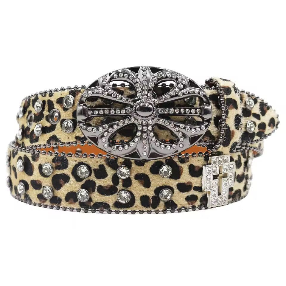 Japanese Brand 125 cm BlingLeopard Print Rhinestone PU Leather Belt Y2K Size ONE SIZE - 2 Thumbnail
