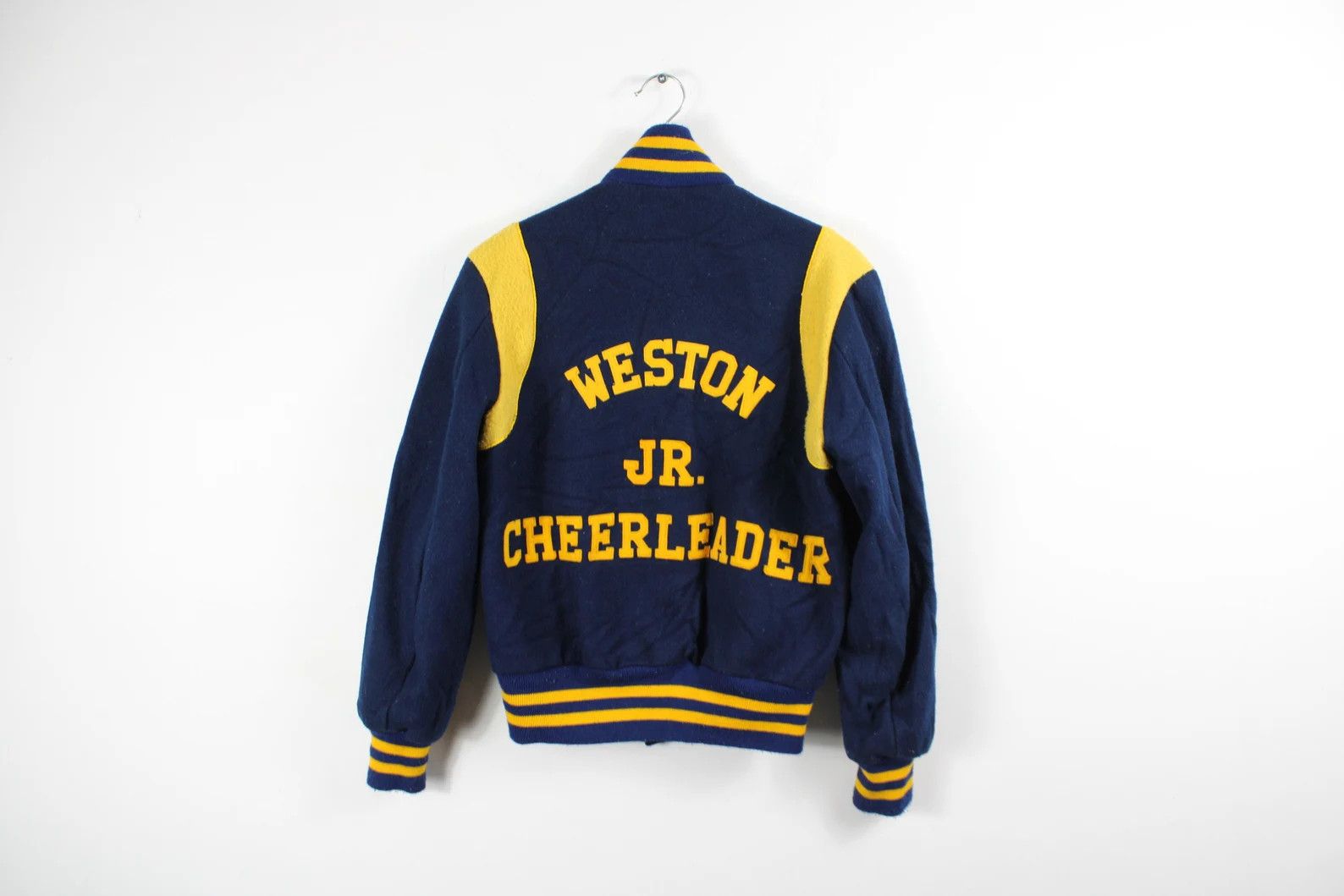 image of Vintage Varsity Letterman Jacket / Weston Cheerleader in Navy Yellow, Men's (Size Small)