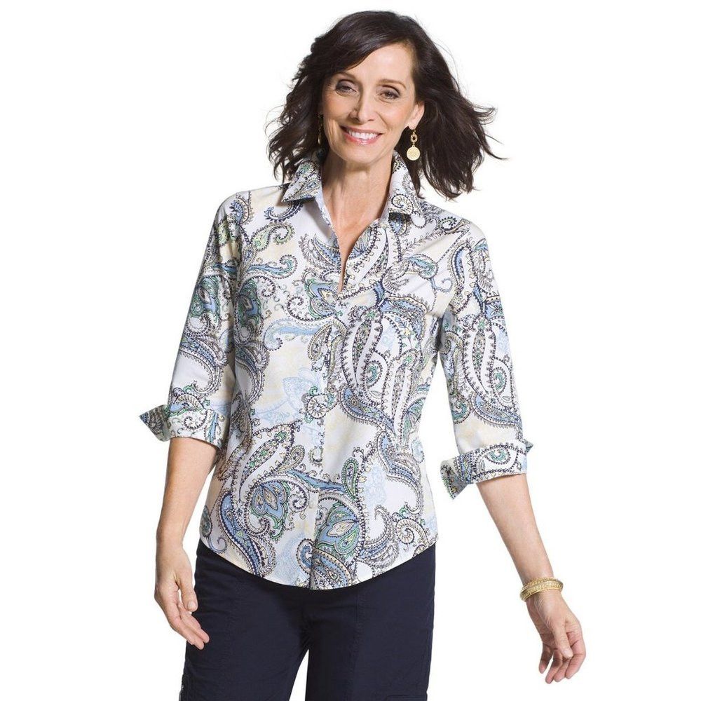 Chicos Chico's Effortless Beatrice Paisley No-Iron Cotton Shirt Si Size M / US 6-8 / IT 42-44 - 1 Thumbnail
