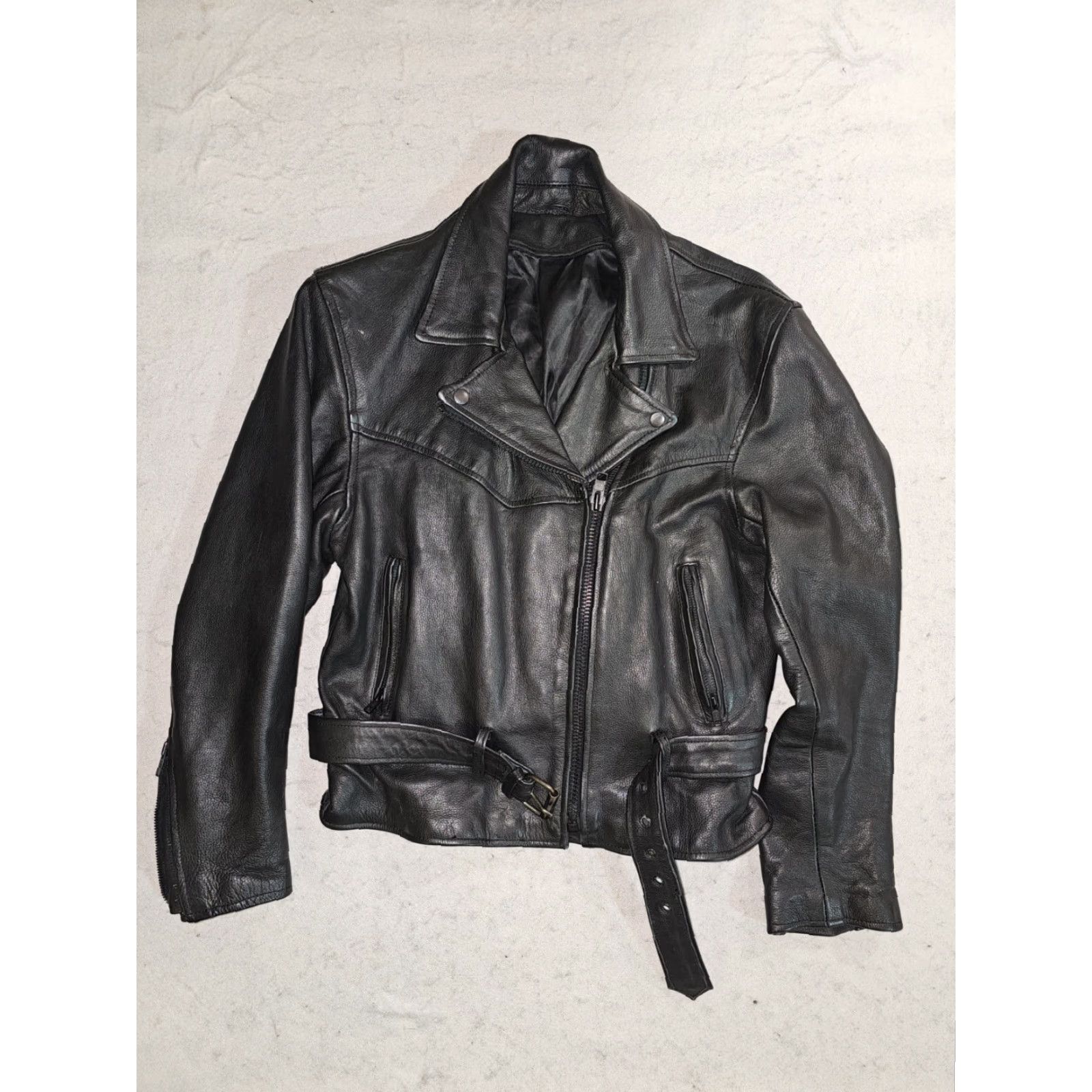 Vintage VINTAGE Leather Motorcycle Jacket Full-Zip Belted Heavyweight 90s Women’s Sz Medium Black Size M / US 6-8 / IT 42-44 - 2 Thumbnail