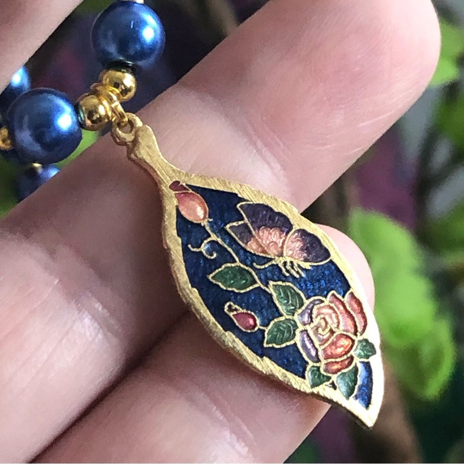 Handmade Handcrafted repurpose blue cloisonné pendant Pearl necklac Size ONE SIZE - 10 Thumbnail