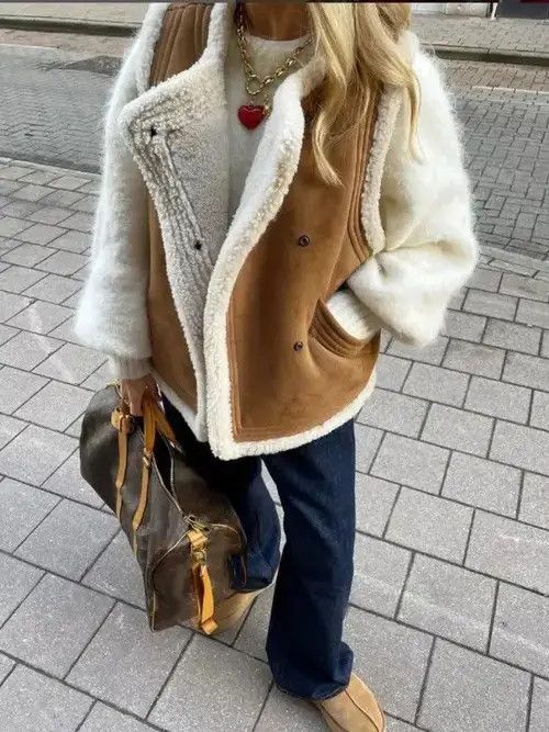 Faux Leather Fur Vest For Women Elegant Turndown