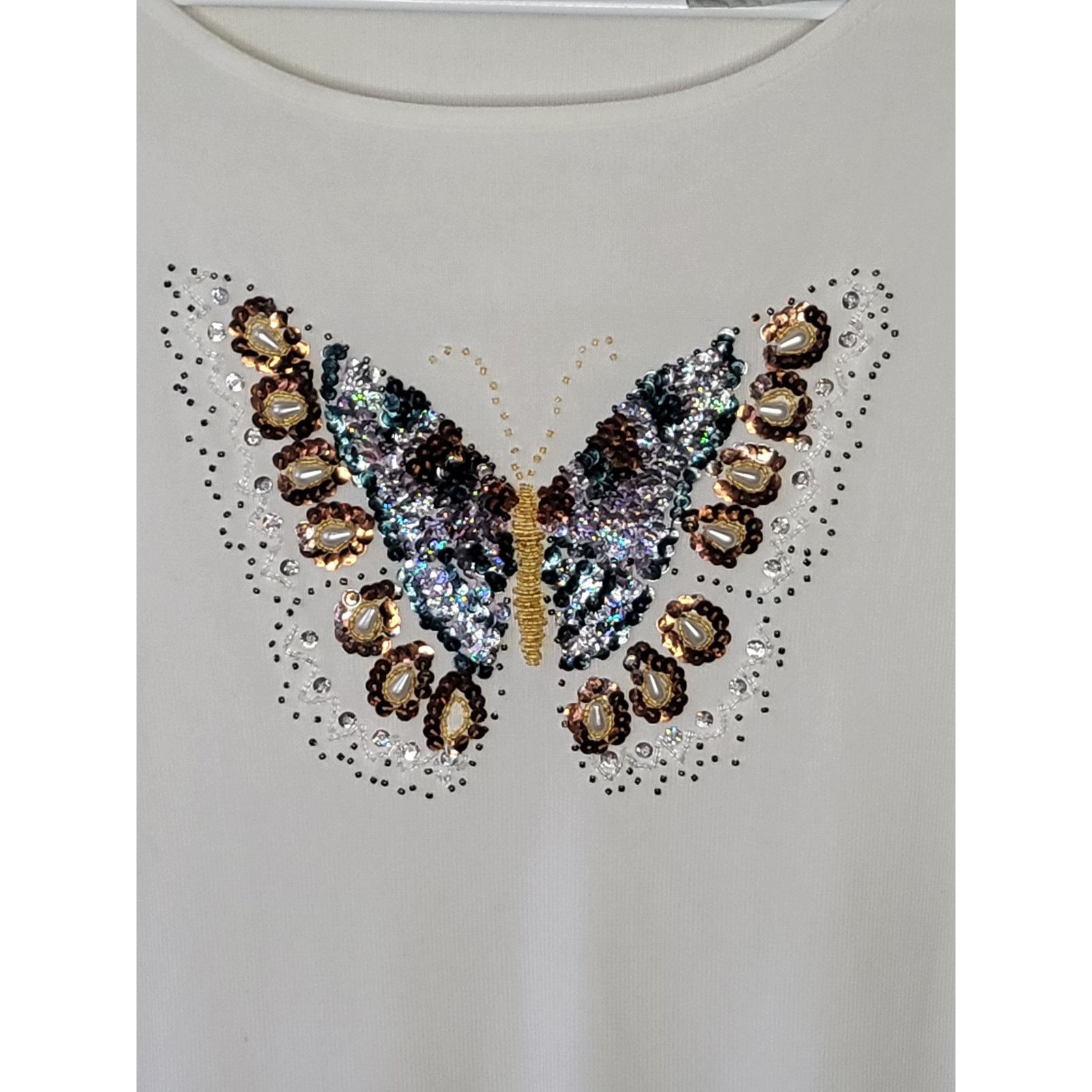 Vintage 90s/Y2K Off White Beaded Butterfly Top 3/4 Sleeves Sequins Size S / US 4 / IT 40 - 2 Thumbnail