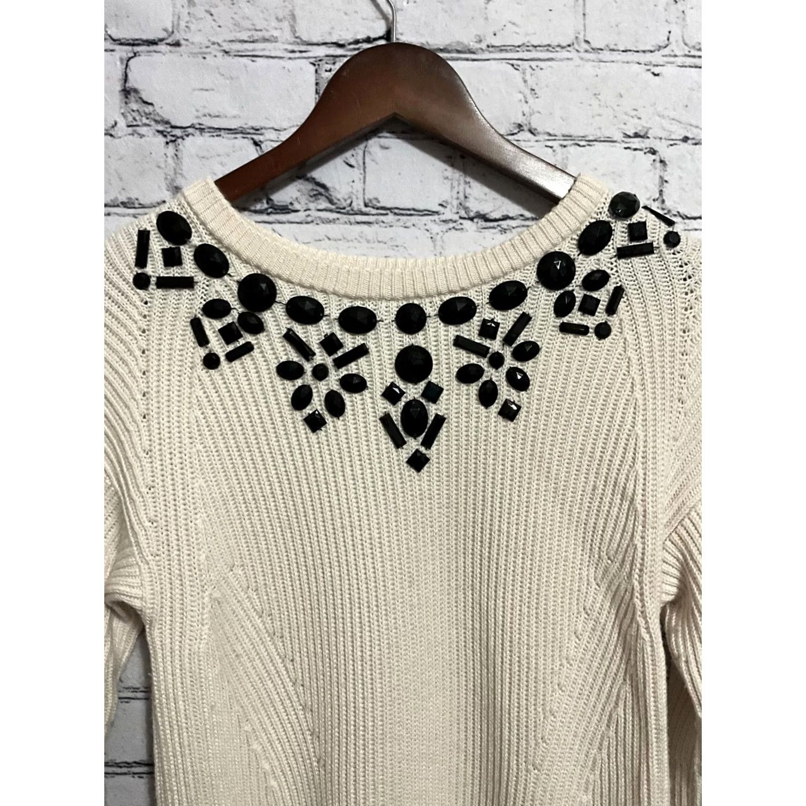 Ann Taylor Ann Taylor Knit Sweater with Black Beaded Neckline - Cream - Petite L - Long Sleeve - Crew Neck - Embroidered Accent - Solid - Women Size L / US 10 / IT 46 - 3 Thumbnail