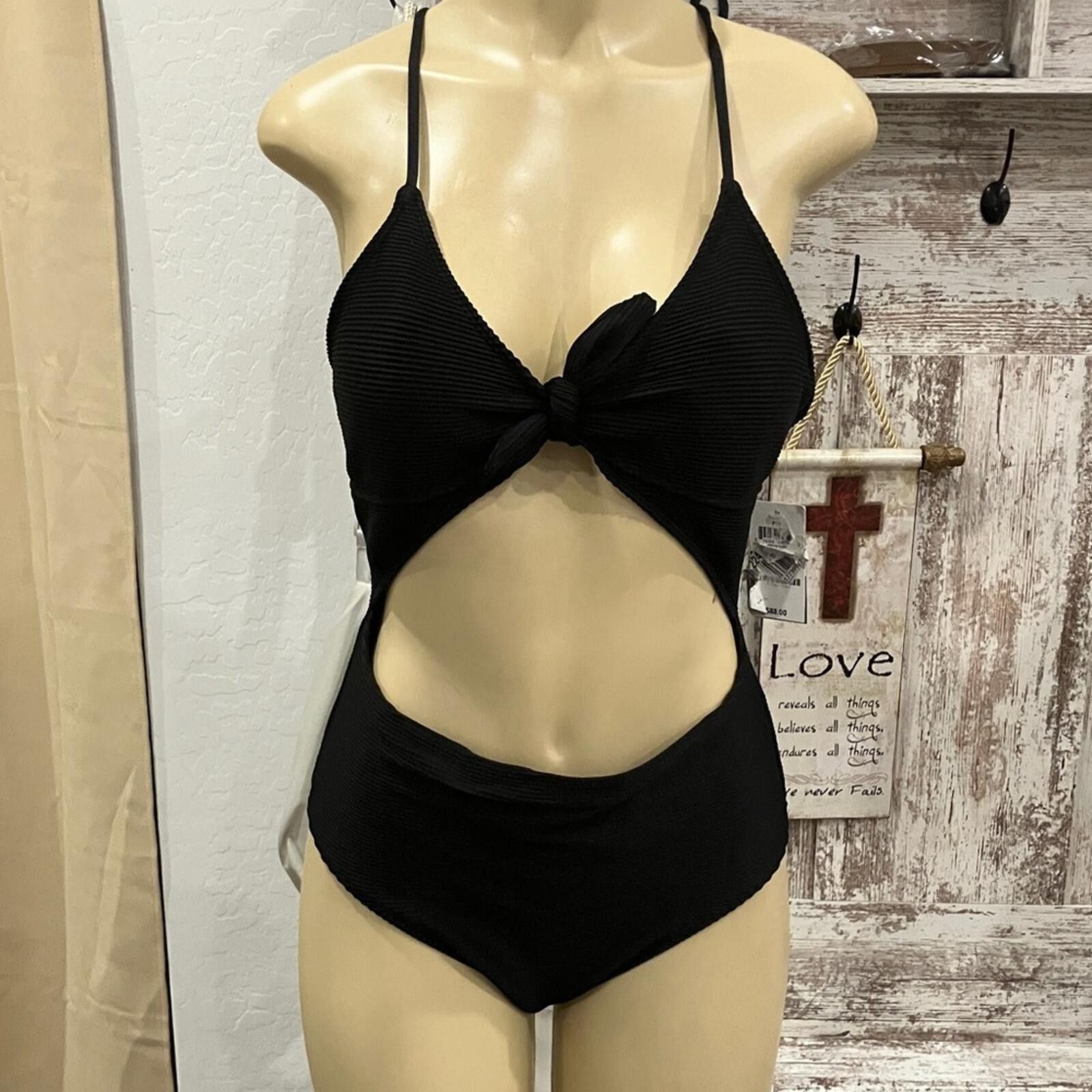 Bar III NWT Bar III Black One-Piece Cutout Swimsuit with Front Knot Size ONE SIZE - 1 Thumbnail