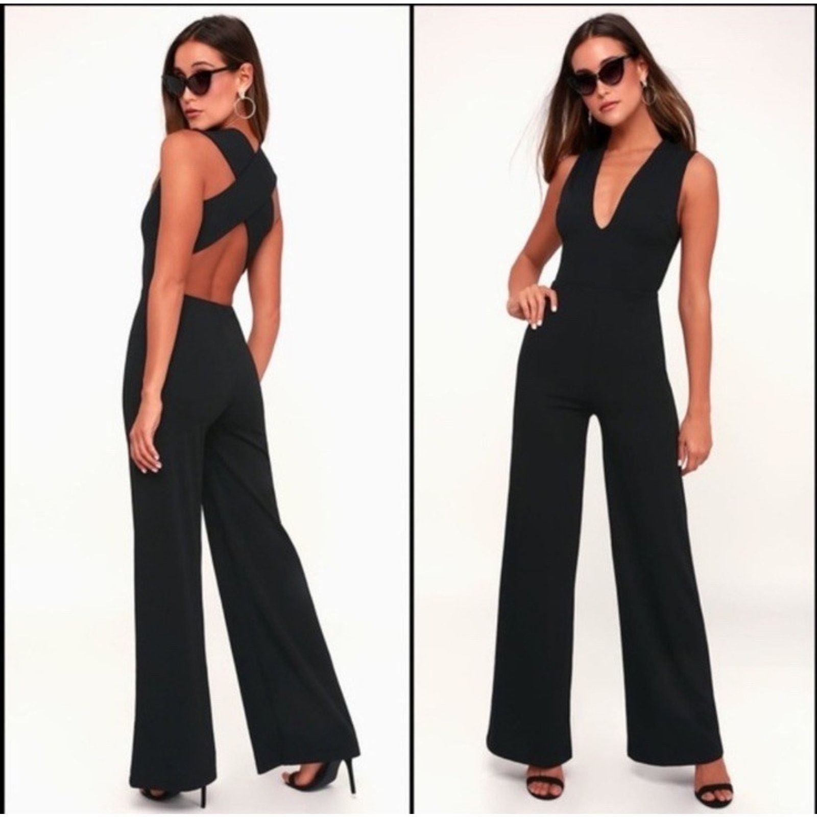 Lulus LULUS Thinking Out Loud Black Jumpsuit Criss Cross Wide Leg Size 28" / US 6 / IT 42 - 1 Thumbnail