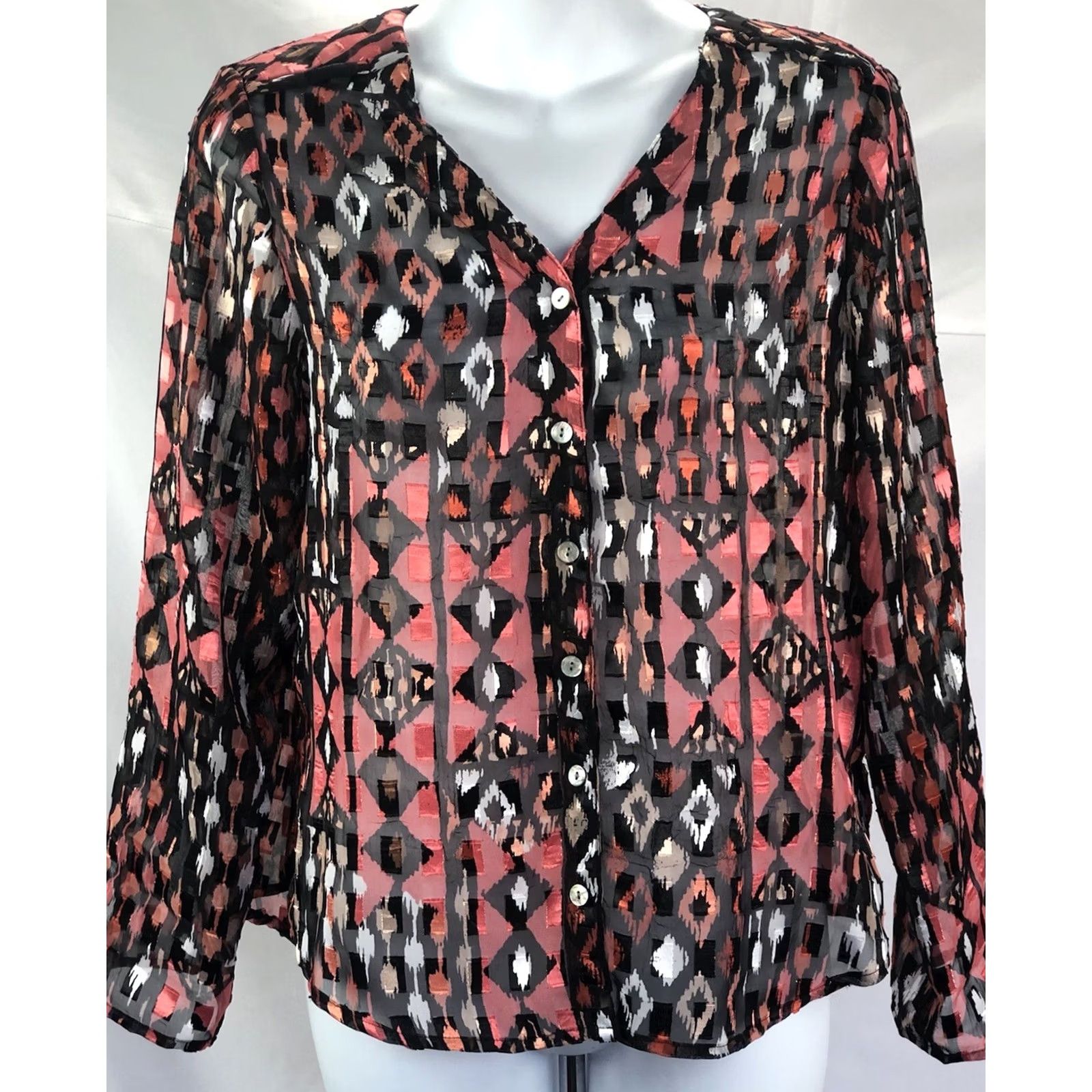 Vintage Vintage Sheer Chiffon Top 4P Blk/Orange Aztec Mod LongSleeve RollTab Boho Grunge Size S / US 4 / IT 40 - 6 Thumbnail