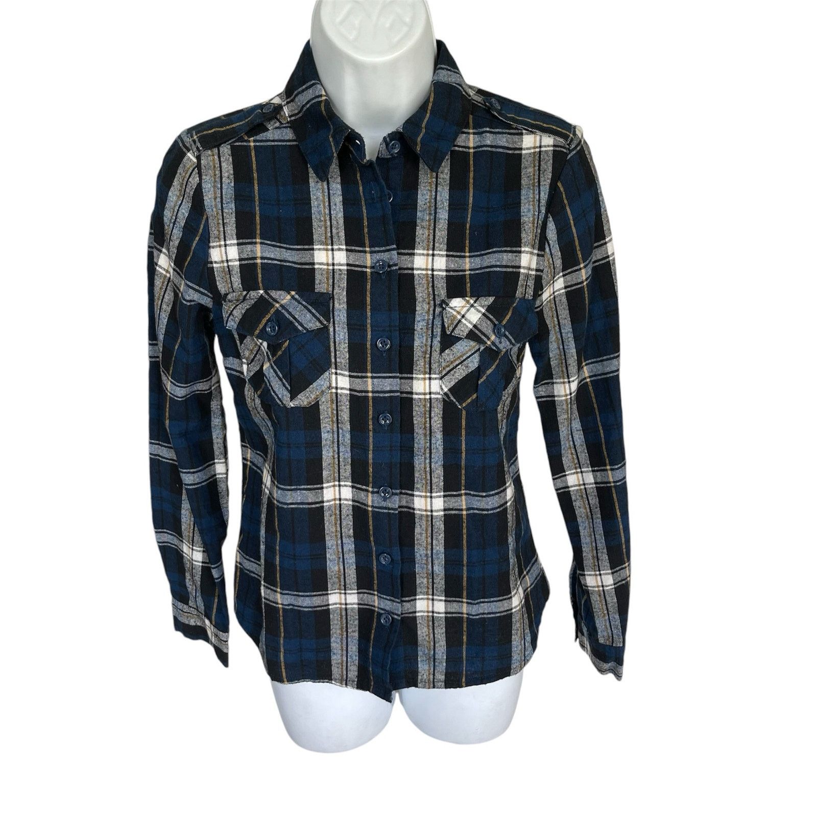 Other Navy Blue White Gold Plaid Button Down Flannel Shirt Small Size S / US 4 / IT 40 - 1 Thumbnail