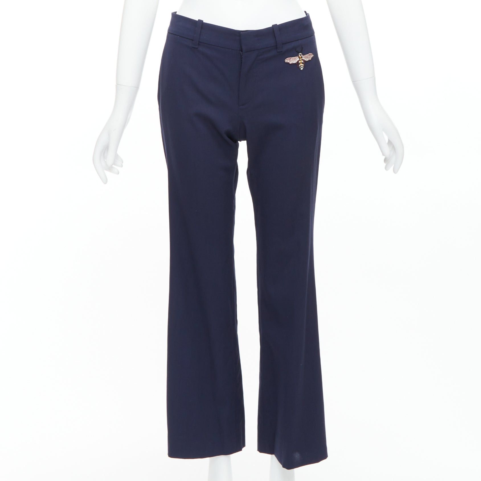 Gucci GUCCI Alessandro Michele 2017 navy bee embroidered flared pants IT38 XS Size 26" / US 2 / IT 38 - 1 Thumbnail