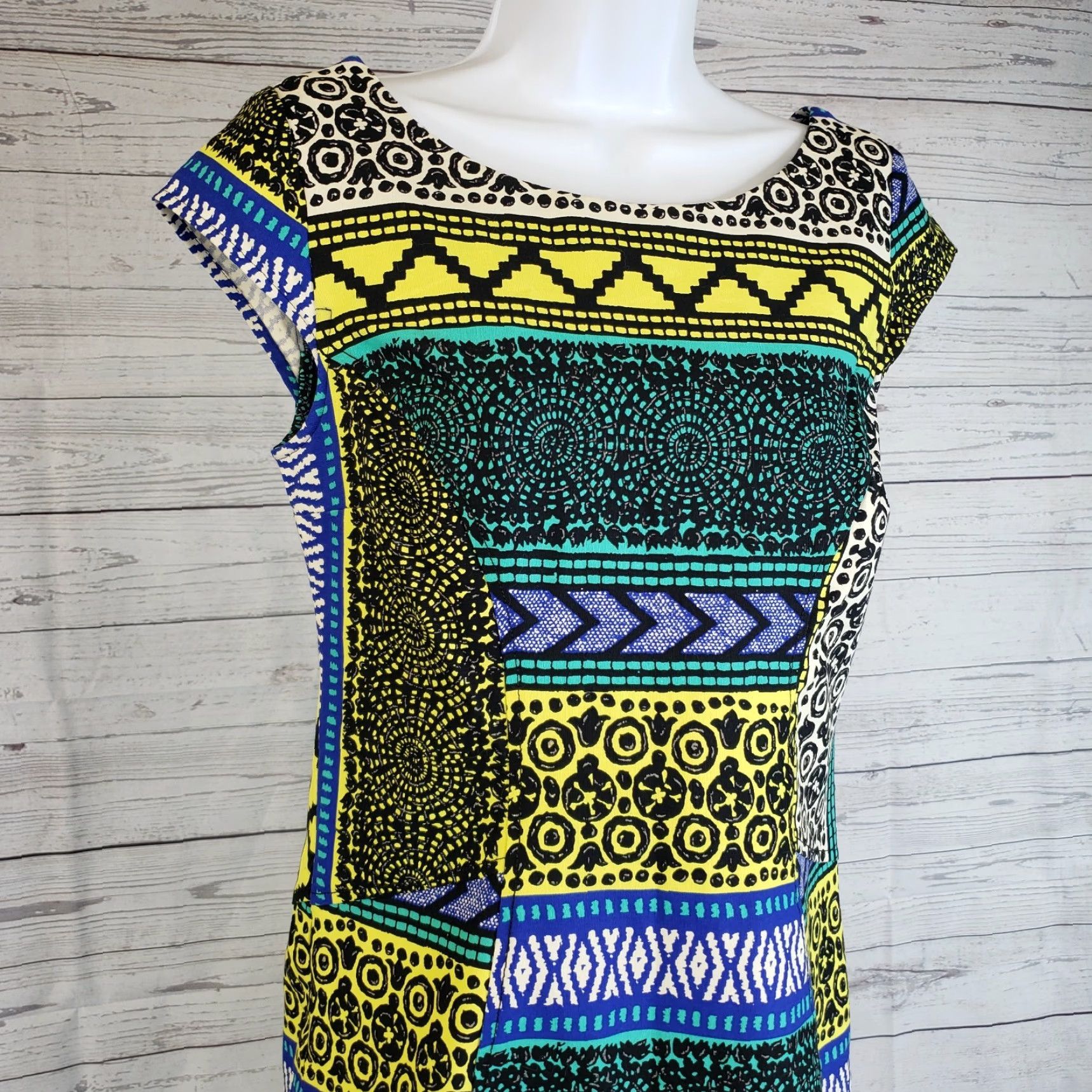 Vintage Plenty by Tracy Reese Womens Directional Shift Dress Sz 4 Stripes Yellow Cap Sleeve Knee Length Cotton Blend Size S / US 4 / IT 40 - 3 Thumbnail