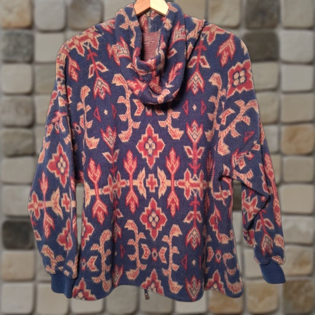Express VINTAGE Express Tricot Fleece Shirt Jacket 90s Floral Blue Maroon Women S Pullover Zip Hooded Size S / US 4 / IT 40 - 1 Thumbnail
