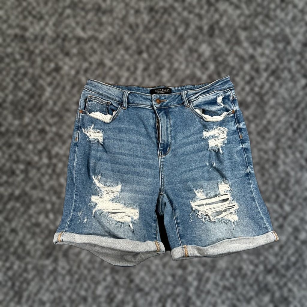 Denime Judy Blue Bermuda Shorts Women 1XL Denim Distressed Rolled Hem 7" Inseam Blue Cotton Polyester Spandex 5-Pocket Size 40" / US 18 - 1 Thumbnail