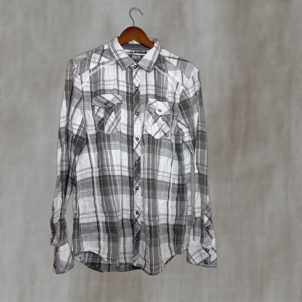 Vintage BKE Mens Long Sleeve Athletic Fit Plaid Pearl Snap Shirt Gray L Size US L / EU 52-54 / 3 - 1 Thumbnail