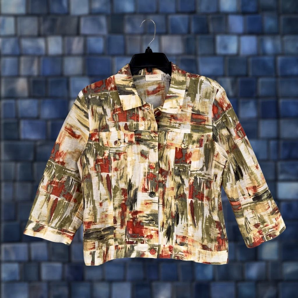 Vintage Chico'S Linen Blend Artistic Jacket Short Oversized Womens 1 Vibrant Spring Travel Size 28" / US 6 / IT 42 - 1 Thumbnail