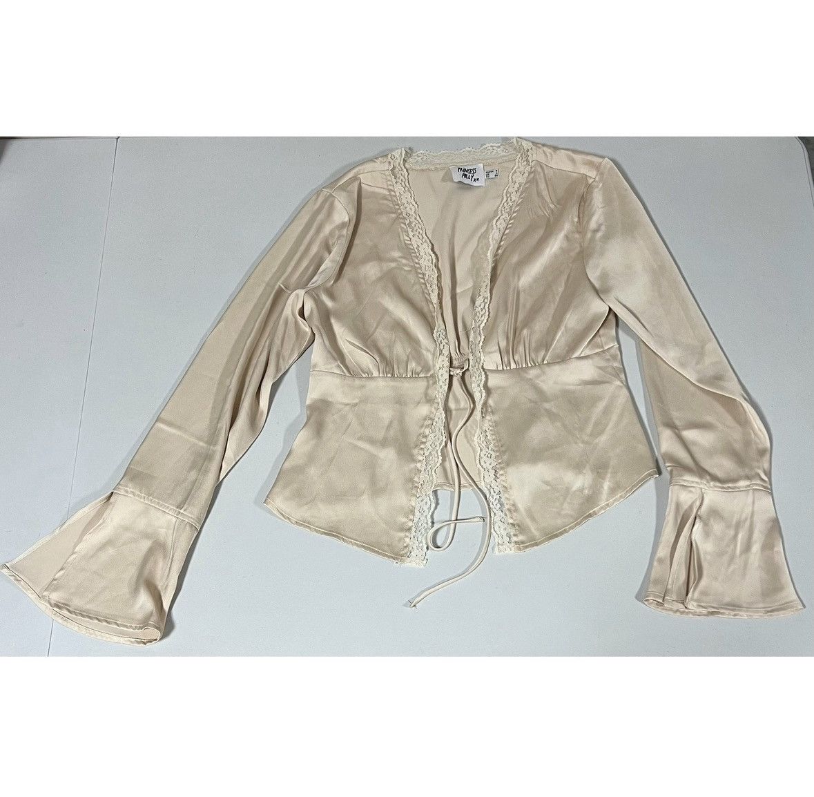 PRINCESS POLLY Silk Satin Lace Tie-Front Cardigan Shirt Top Blouse Size 4 ✨ Size S / US 4 / IT 40 - 2 Thumbnail