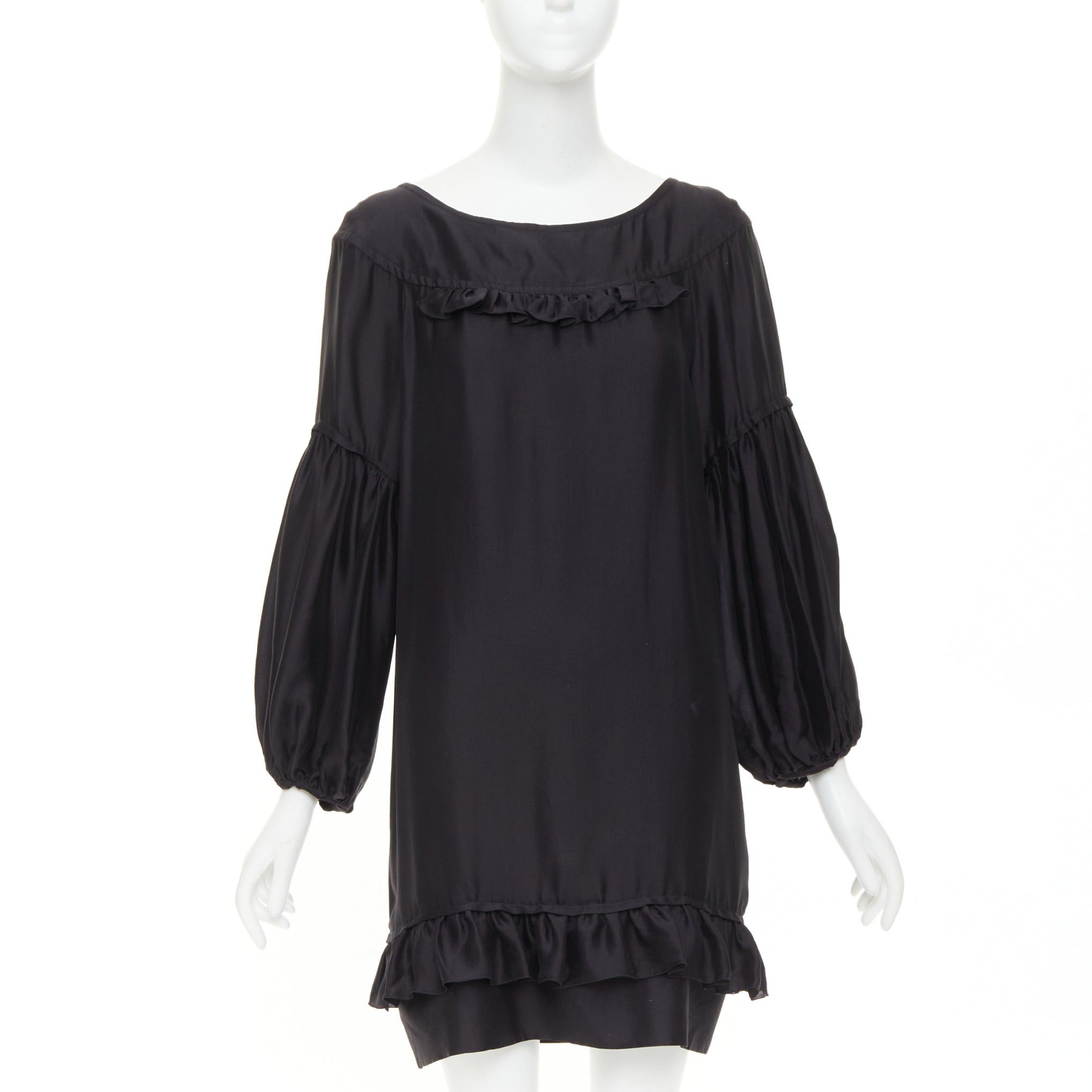 Stella McCartney STELLA MCCARTNEY 2007 black silk ruffle trim puff sleeve baby doll short dress IT40 S Size S / US 4 / IT 40 - 1 Thumbnail