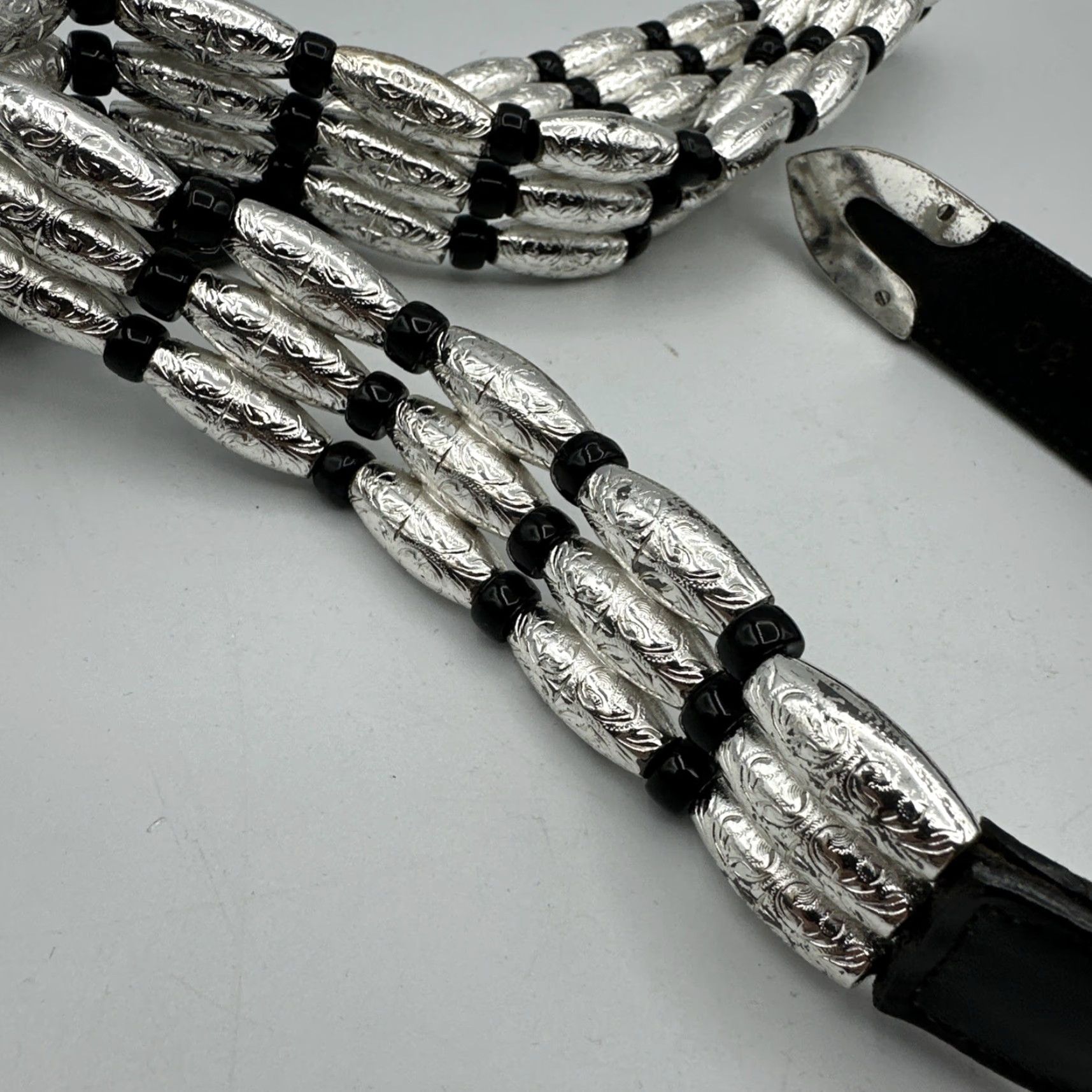 Vintage VINTAGE Nadine Belt Western Leather LACED 1990s Women Black Silver Links 30” Glam Rock Mens? (Oops) Size ONE SIZE - 7 Thumbnail