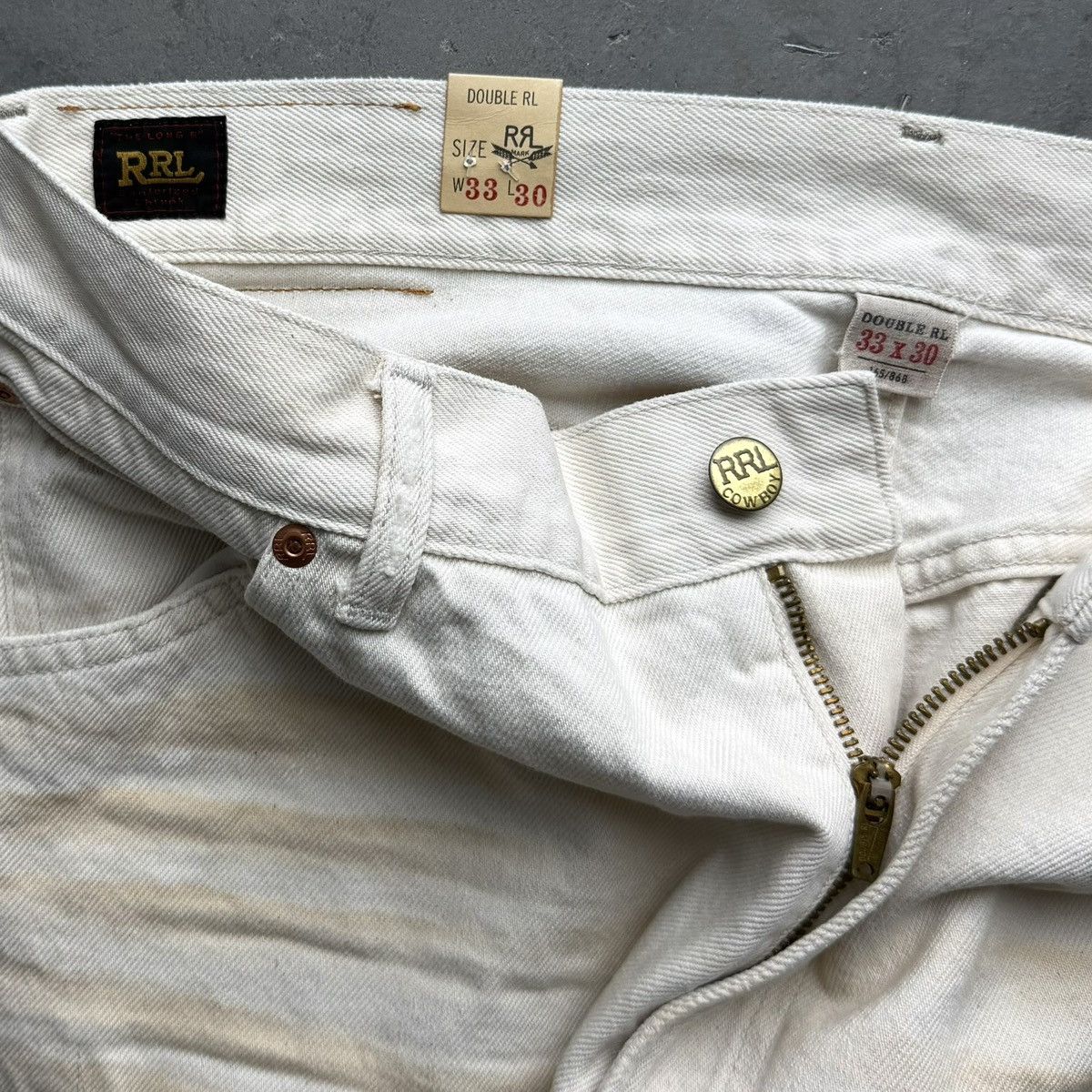 RRL Ralph Lauren RRL RALPH LAUREN HIGH SLIM REPAIRED NATURAL JEANS 33x30 NWT Size US 33 - 9 Thumbnail