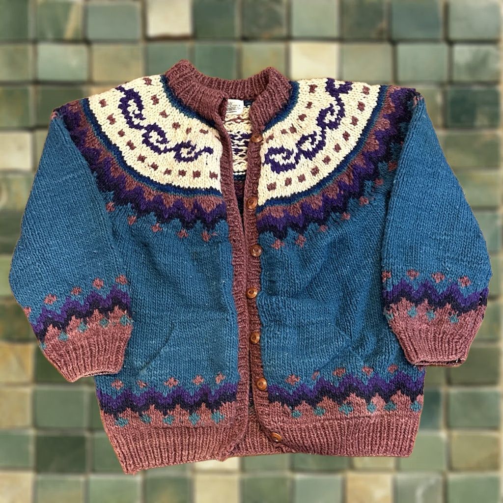 Vintage Otavalo Cardigan Sweater Womens Large Wool Button Up Hand Knit Ecuador Chunky Size L / US 10 / IT 46 - 1 Thumbnail