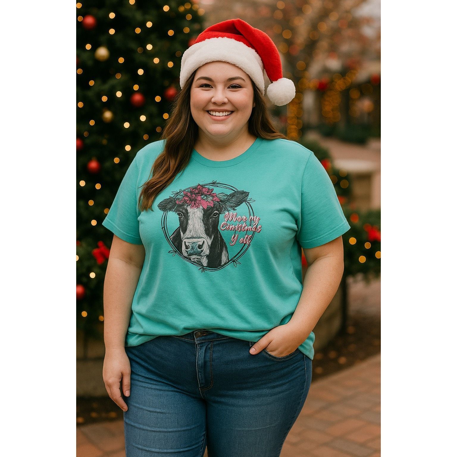 Other “Moo-ry Christmas Y’all” Cow Graphic Tee | Turquoise Holiday Size L / US 10 / IT 46 - 4 Thumbnail