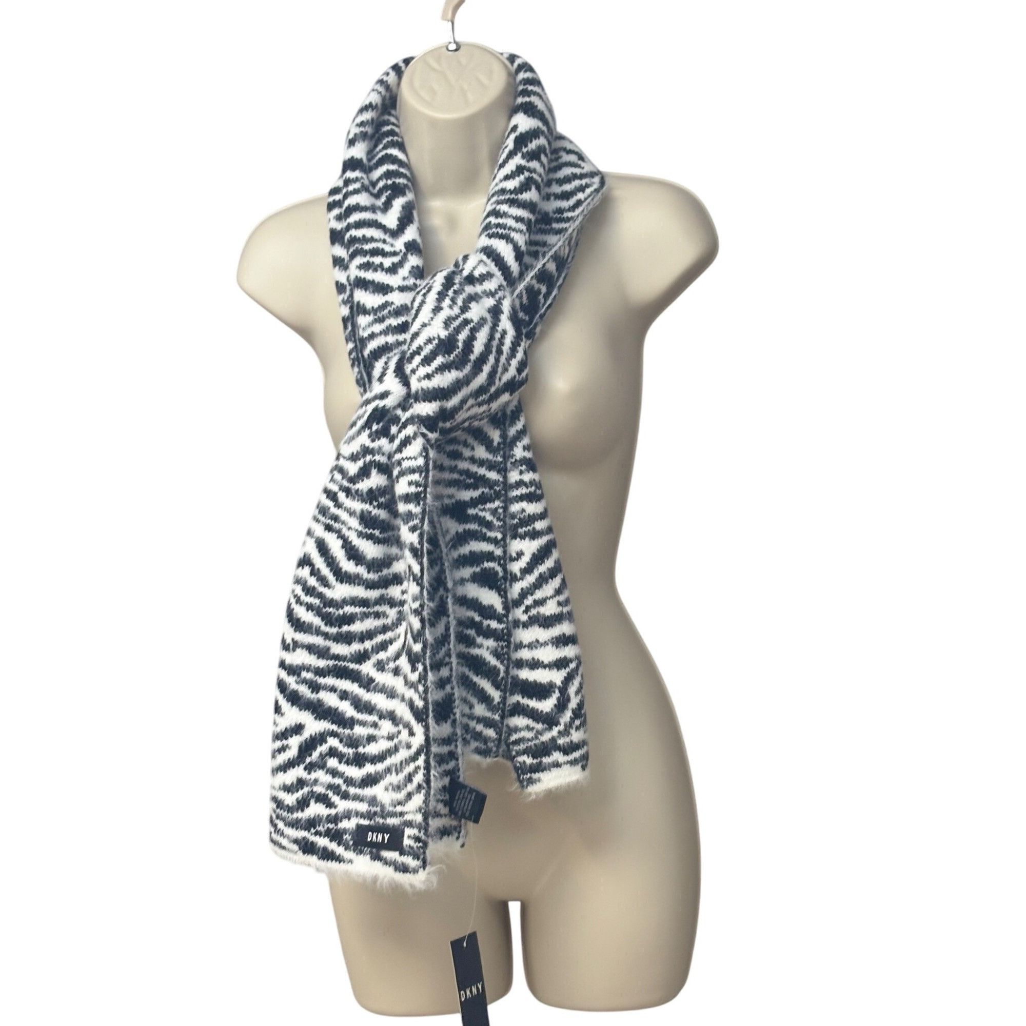 DKNY DKNY Fuzzy Animal Print Knit Scarf , Black/ White 12"x67" Size ONE SIZE - 2 Thumbnail