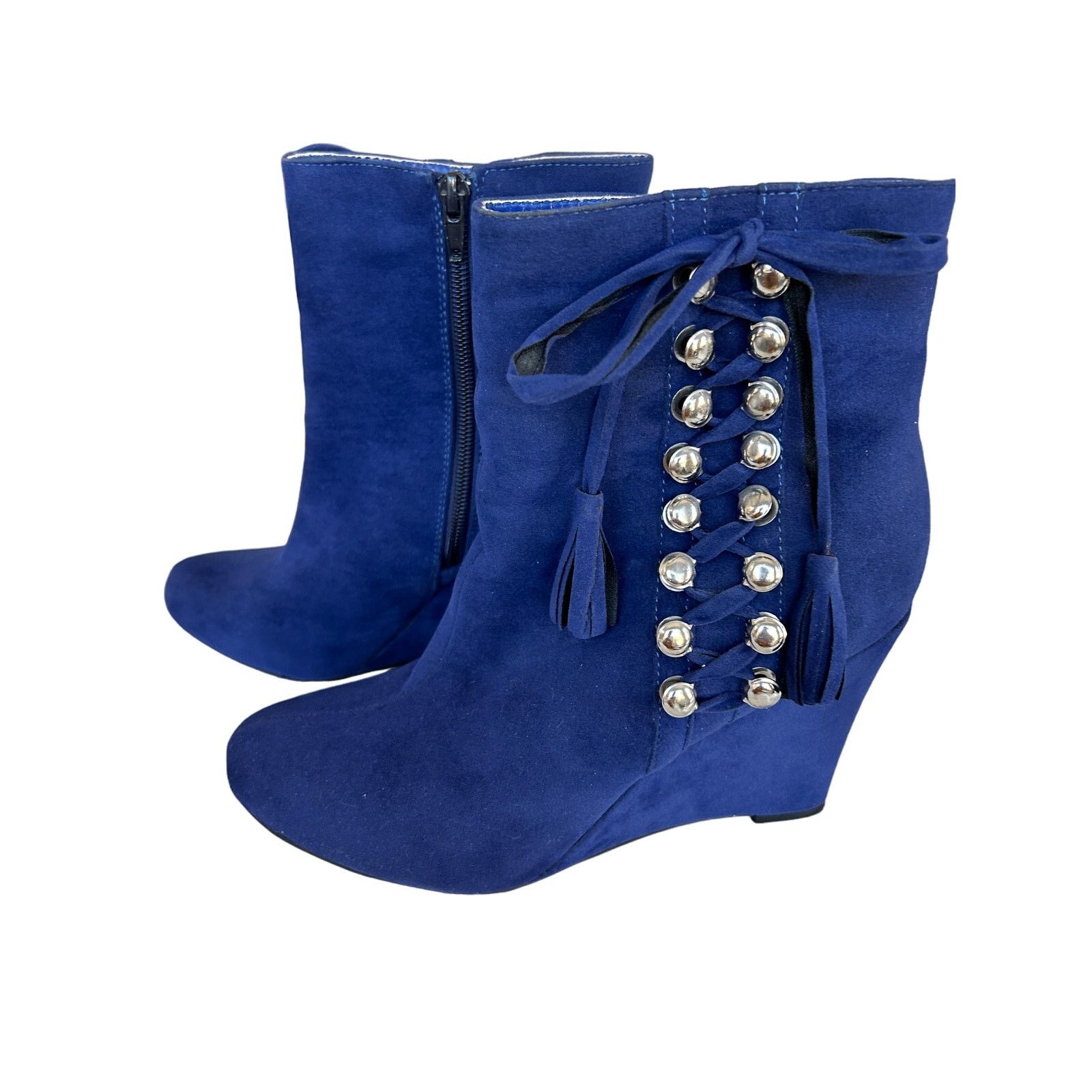 United Bamboo Blue velvet side lacing wedge heeled booties 8/38 Size US 8 / IT 38 - 2 Thumbnail