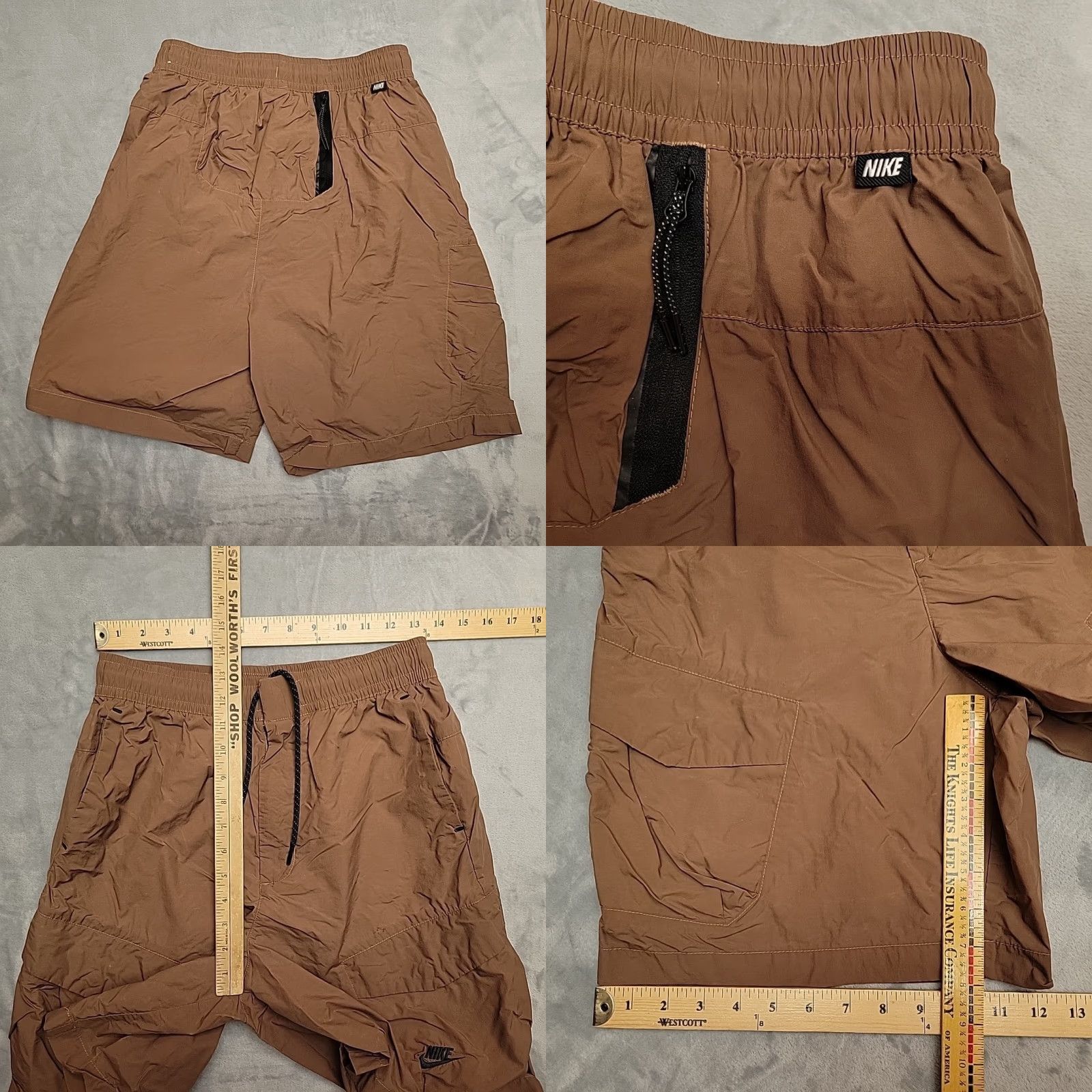 Nike Nike Shorts Mens L Brown Unlined Embroidered Swoosh 100% Nylon Windbreaker Y2K 90s USA Logo Drawstring Lightweight Machine Washable Size US 33 - 8 Thumbnail