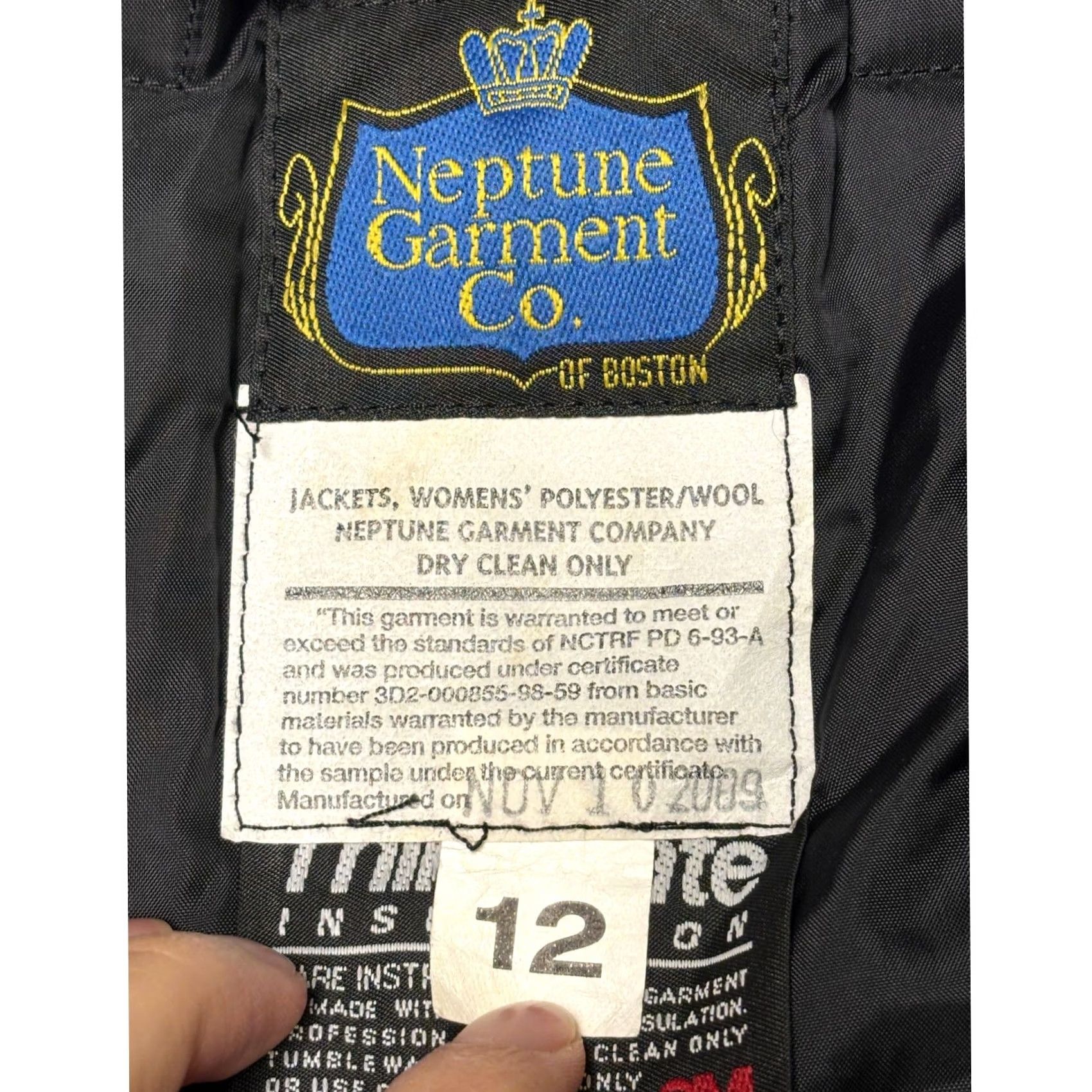 CO Neptune Garment Co. Boston Navy Blue Wool Blend Thinsulate Bomber Jacket Women 12 Size XL / US 12-14 / IT 48-50 - 3 Thumbnail