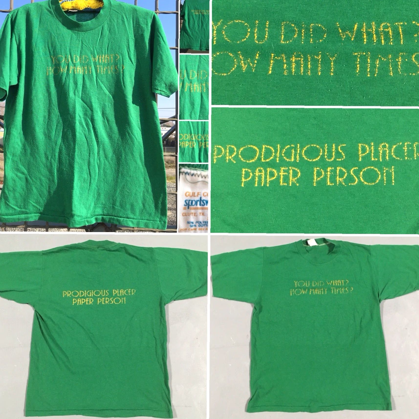 Vintage VINTAGE Gulf Coast Sportswear Prodigious Placer Paper Person/You Did What? How Many Times? M T-Shirt Green 1980s Men Graphic Tee Size US M / EU 48-50 / 2 - 2 Thumbnail