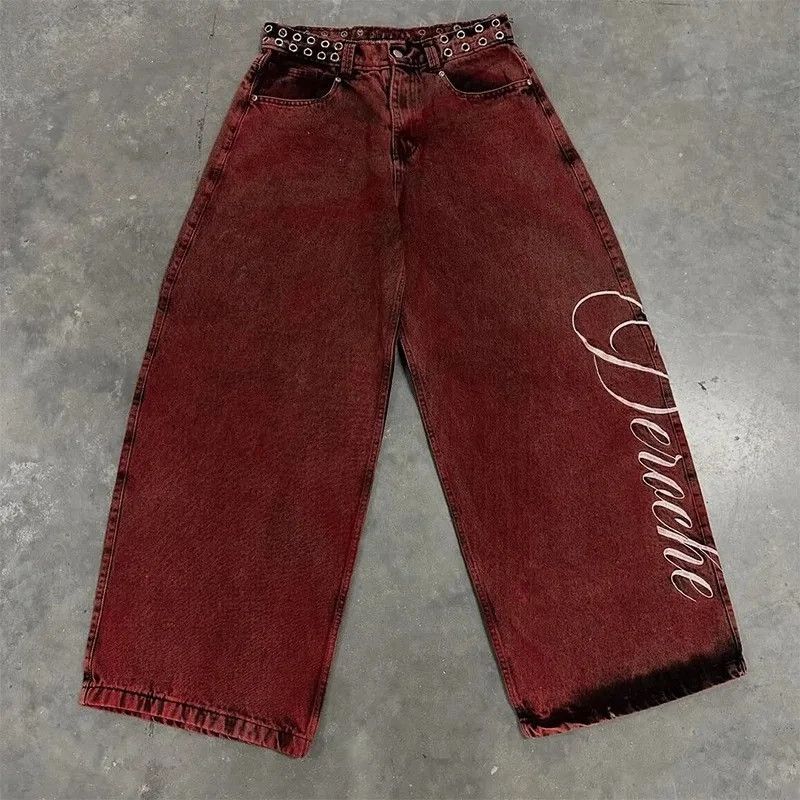 Japanese Brand Y2k baggy jeans washed Red vintage letter print rivet waist Size US 36 / EU 52 - 1 Thumbnail