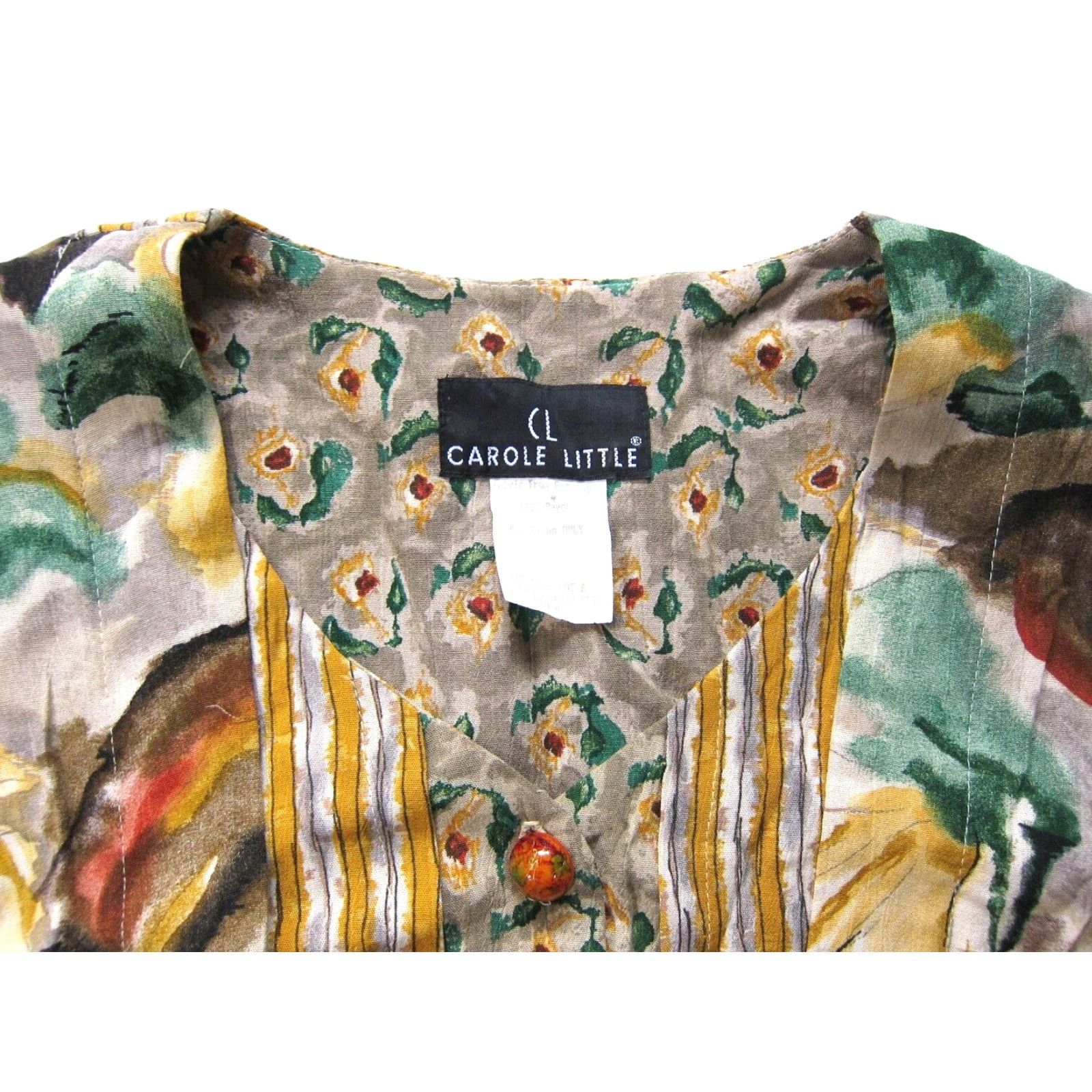 Vintage Vintage Carole Little Blouse Shirt 4 Women Long Sleeve V-Neck Green Yellow Brown 100% Rayon Notes Size S / US 4 / IT 40 - 6 Thumbnail