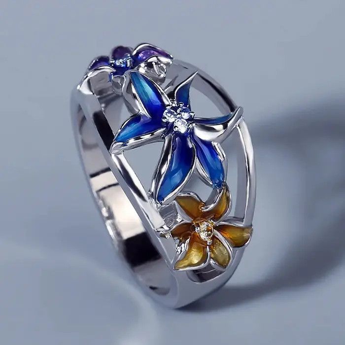 Jewelry Creative Handmade Enamel Epoxy Violet Flower Ring Size ONE SIZE - 1 Thumbnail