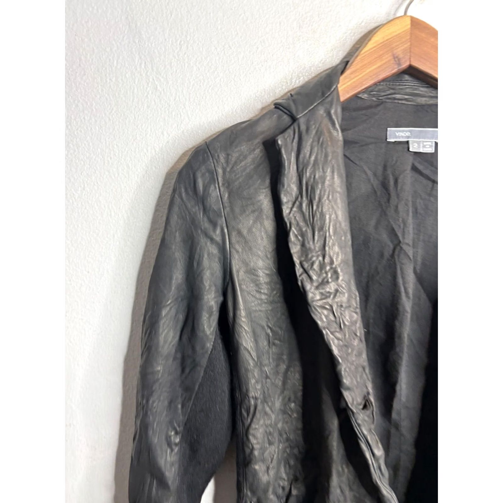 Vince Vince Womens Jacket Black Textured Leather Blazer Two Button Wool Side Panels Size 2 Size XS / US 0-2 / IT 36-38 - 2 Thumbnail