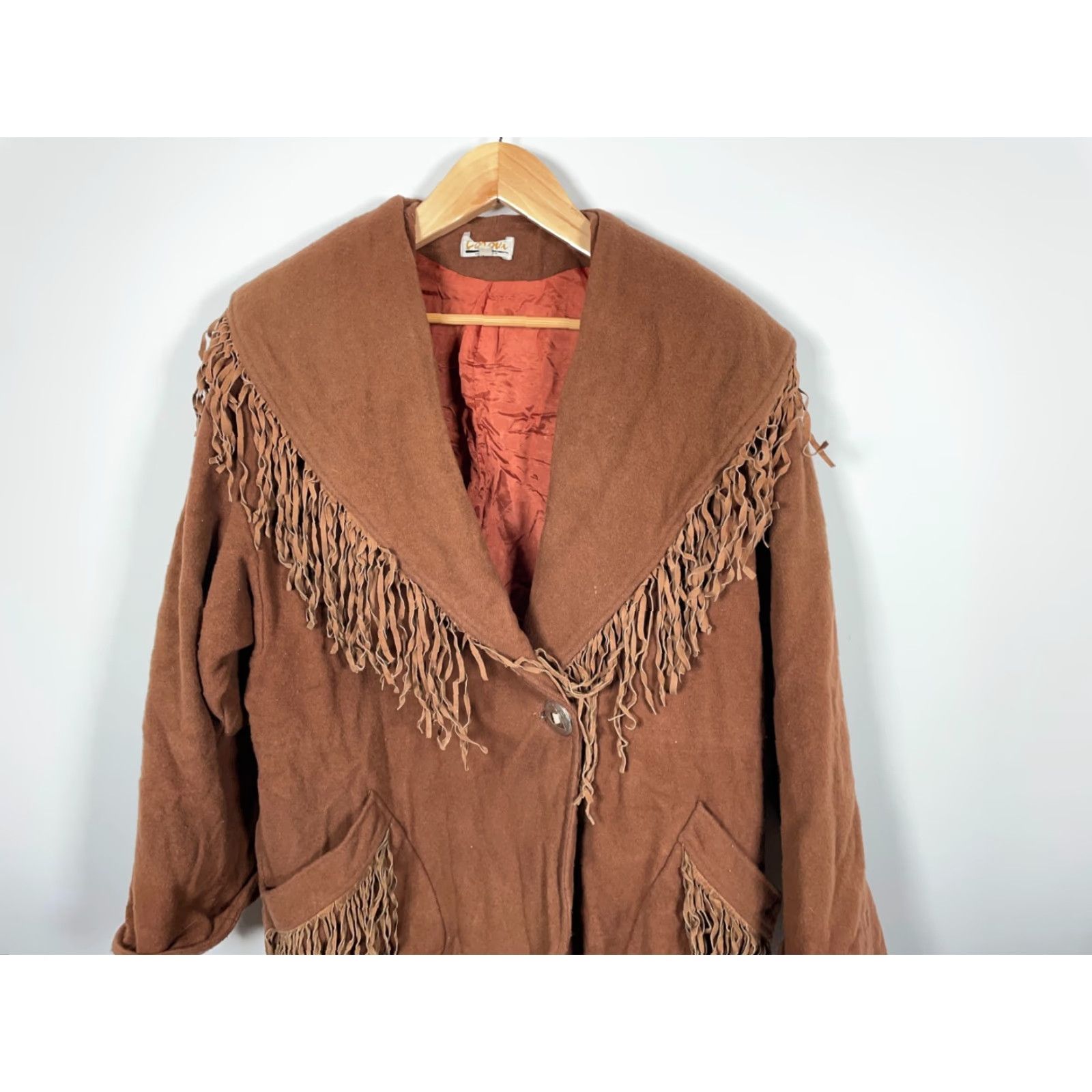 Lorovi Brown Wool Fringe Jacket Women\'s Large 1-Button Western Boho Retro