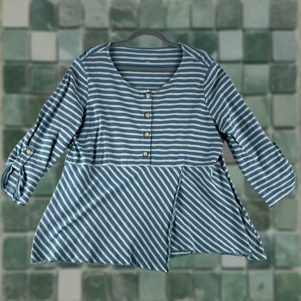 Soft Surroundings Soft Surroundings Preston Stripe Shirt Womens Large Green Roll Tab Sleeve Casual Size L / US 10 / IT 46 - 1 Thumbnail