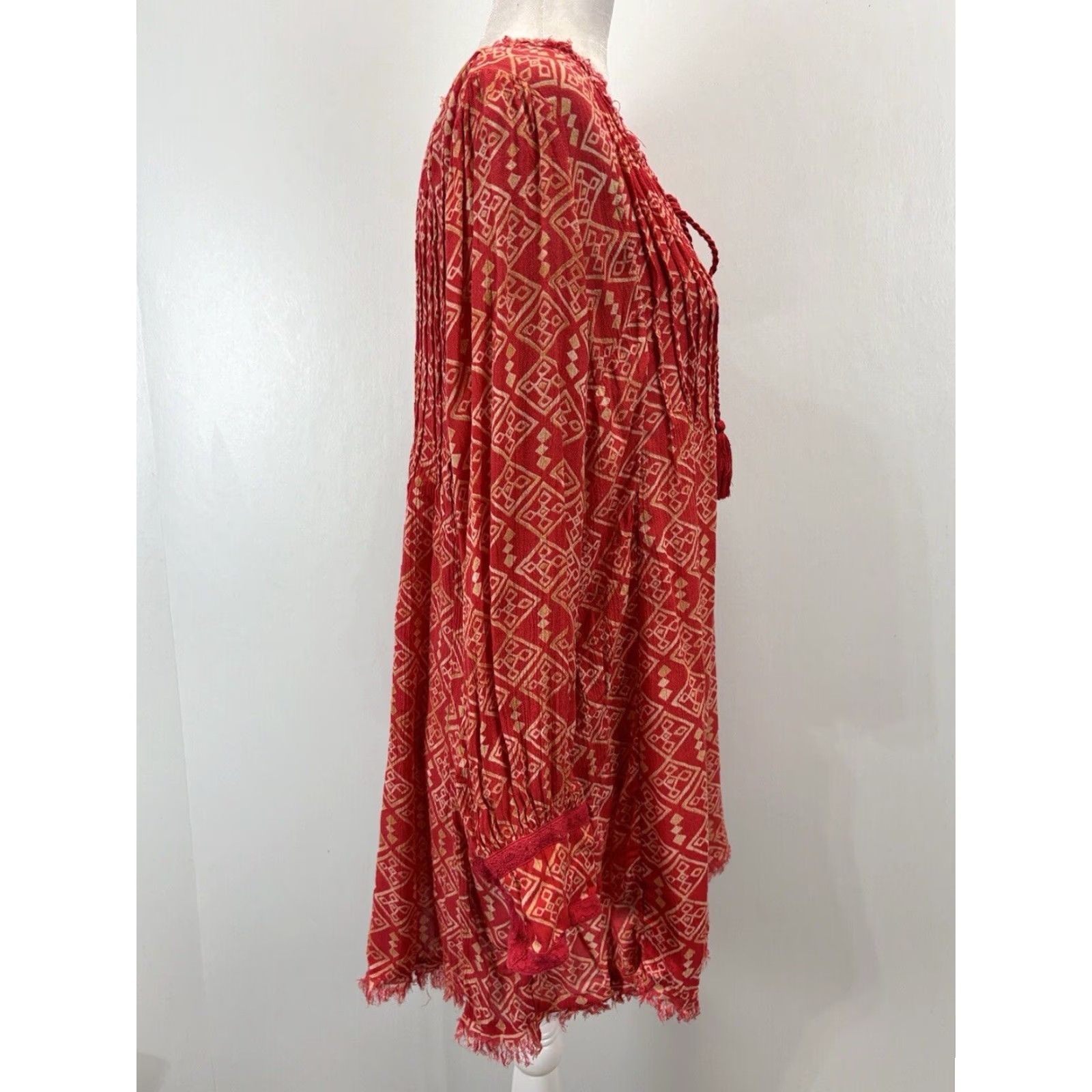 Free People Free People Long Sleeve Boho Tie Neck Swing Dress Red Small Women Size S / US 4 / IT 40 - 4 Thumbnail
