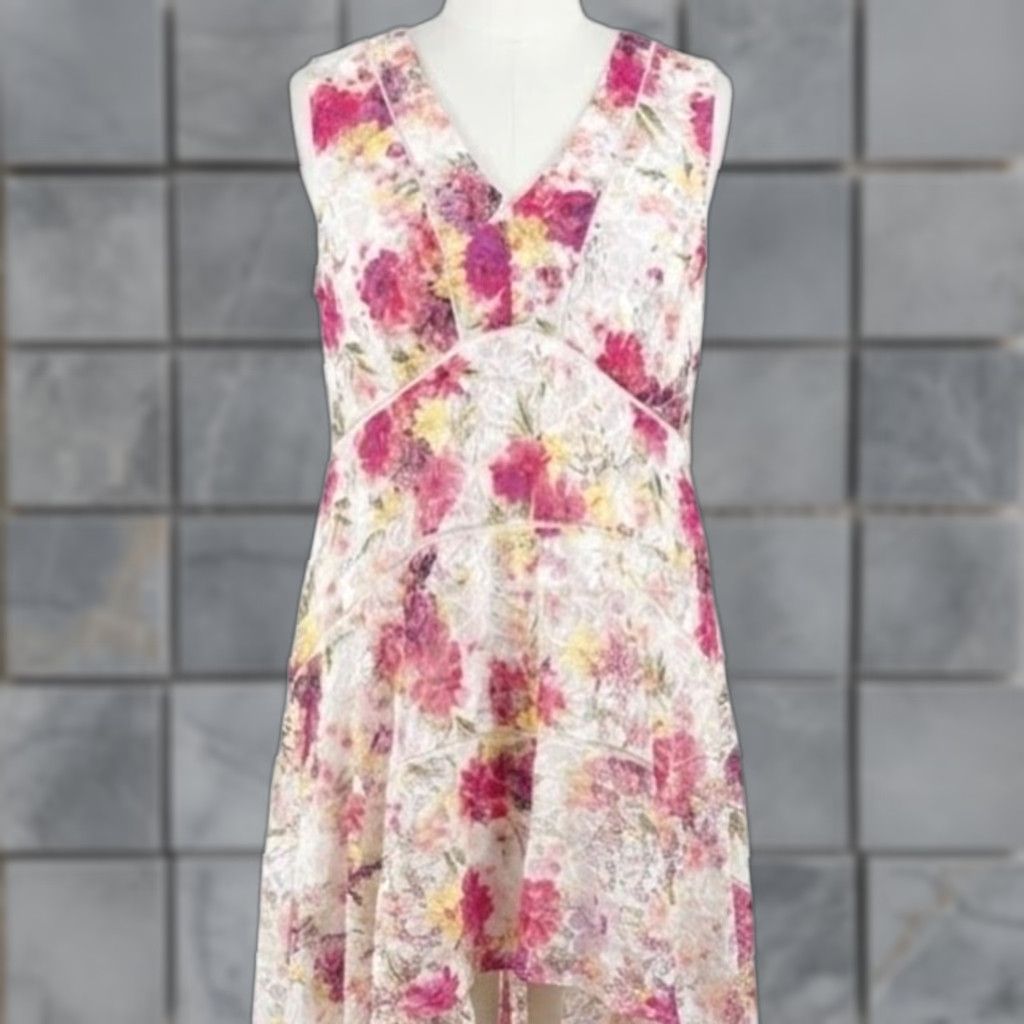 Vintage Taylor Dress Plus 20W Pink Floral V-Neck Midi A-Line Sleeveless Handkerchief Hem Y2K Garden Fairy Date Women1000 Size 3XL / US 20-22 - 1 Thumbnail