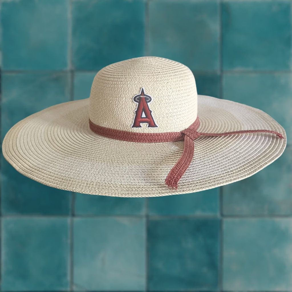 MLB Timeless Skin Care MLB LA Anaheim Angels Ladies Beige Straw Wide Brim Sun Hat Boho Baseball Logo Red Band Size ONE SIZE - 1 Thumbnail