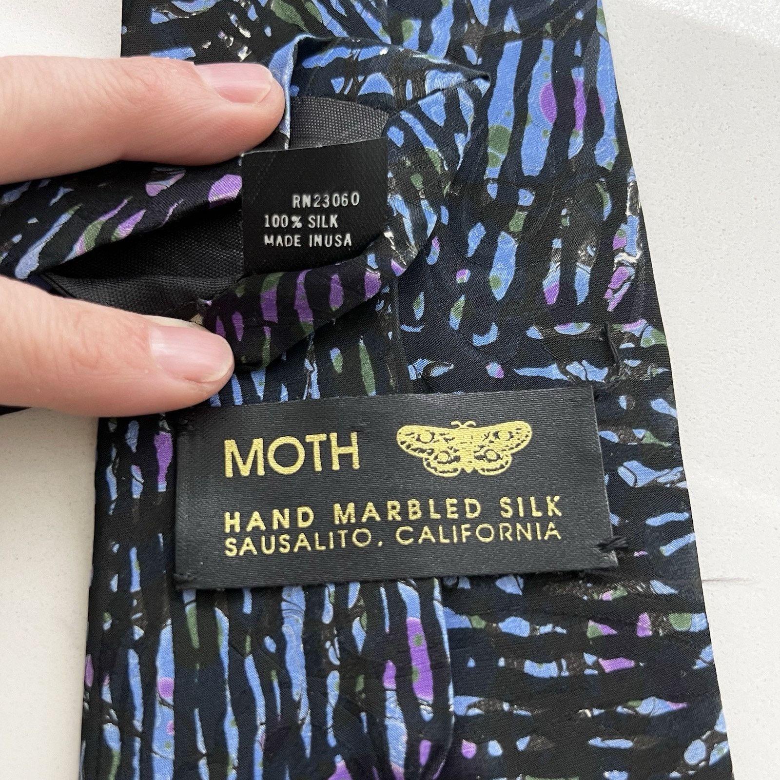 Other Moth Hand Marbled Silk Tie Corpcore Art Watercolor Abstract Size 34 - 5 Thumbnail