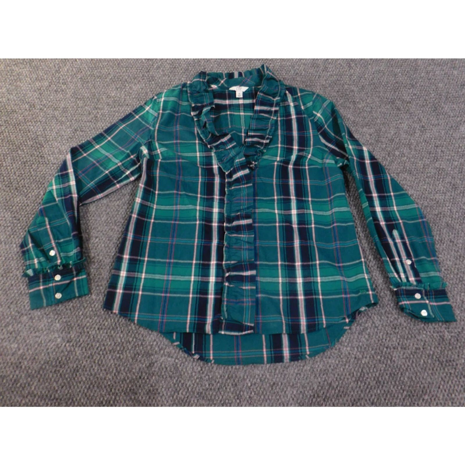 Vintage Crown & Ivy Button-Up Shirt Womens Medium Green Plaid Cotton Stretch V-Neck Long Sleeve Size M / US 6-8 / IT 42-44 - 3 Thumbnail