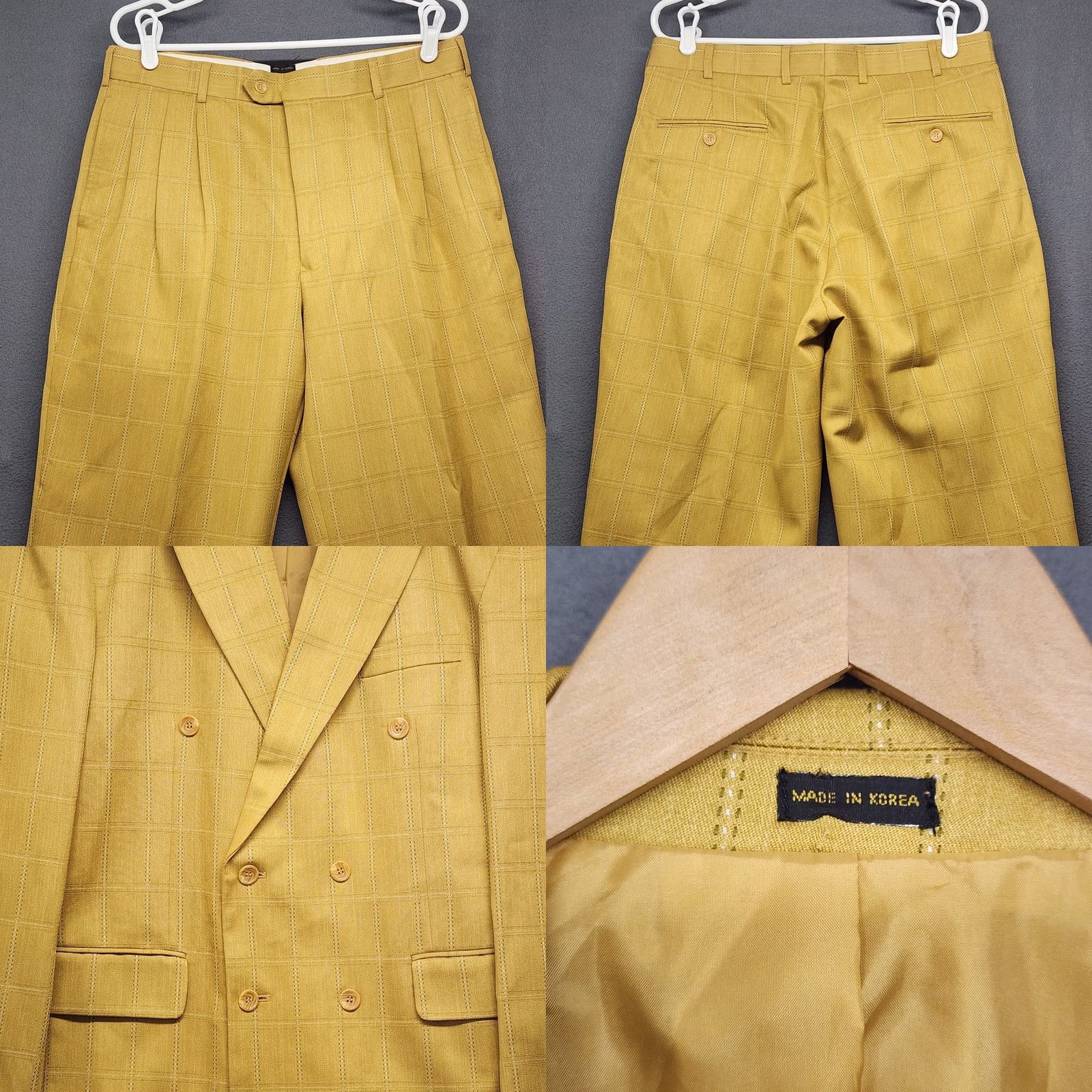 Doublet Gianni Vironi Mens Yellow Suit 2 Piece Windowpane Double Breasted Pleated Cuffed 42L 33W Men Size 42R - 10 Thumbnail