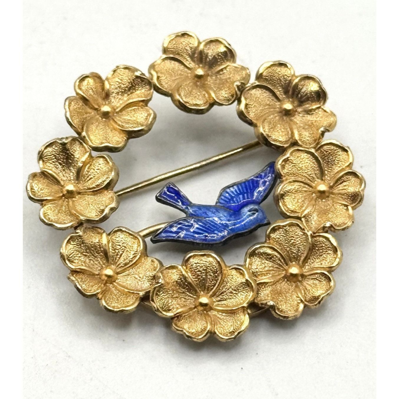 Vintage Wells gold filled blue Guilloche enamel swallow bird wreath Size ONE SIZE - 1 Thumbnail