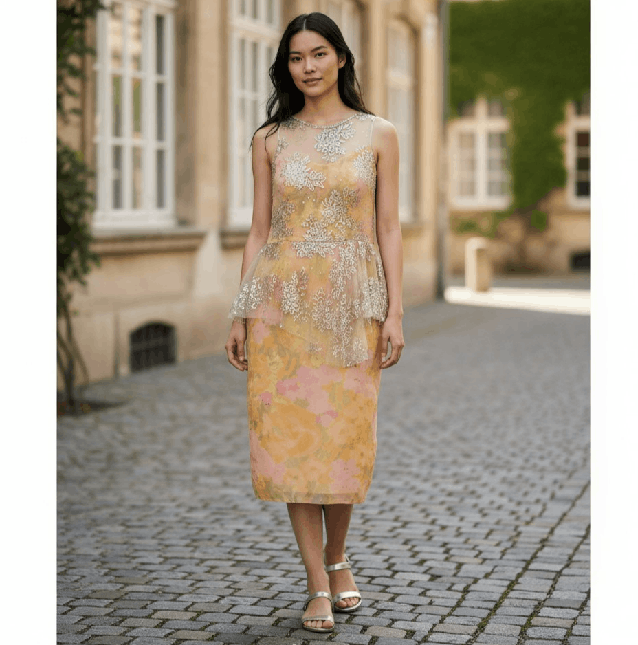 Badgley Mischka Badgley Mischka Peach Floral Dress – Size 14 – Scoop Neck – Size XL / US 12-14 / IT 48-50 - 1 Thumbnail
