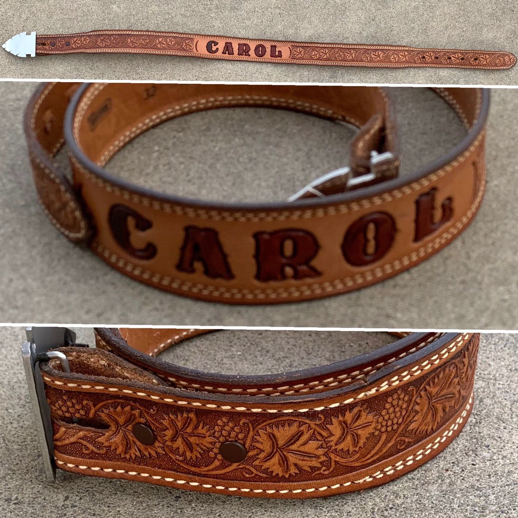Vintage vintage Textan leather belt with arrowhead buckle, name Carol, size 32, brown, unisex, casual, rockabilly Size ONE SIZE - 4 Thumbnail