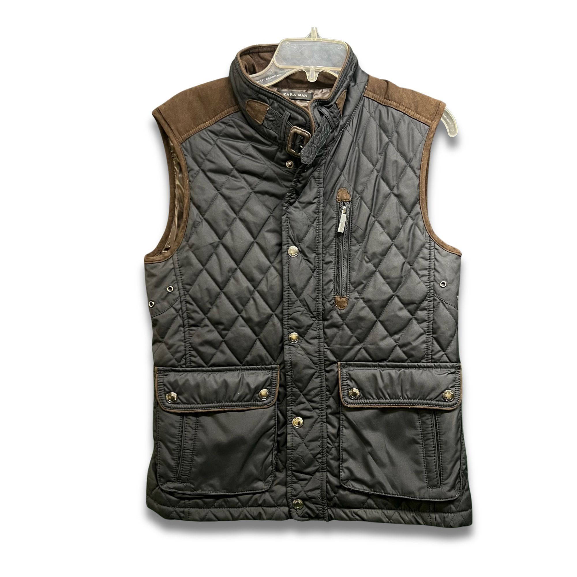 Zara ZARA Man Black Quilted Vest With Brown Suede Accents Snap Po Size US M / EU 48-50 / 2 - 2 Thumbnail