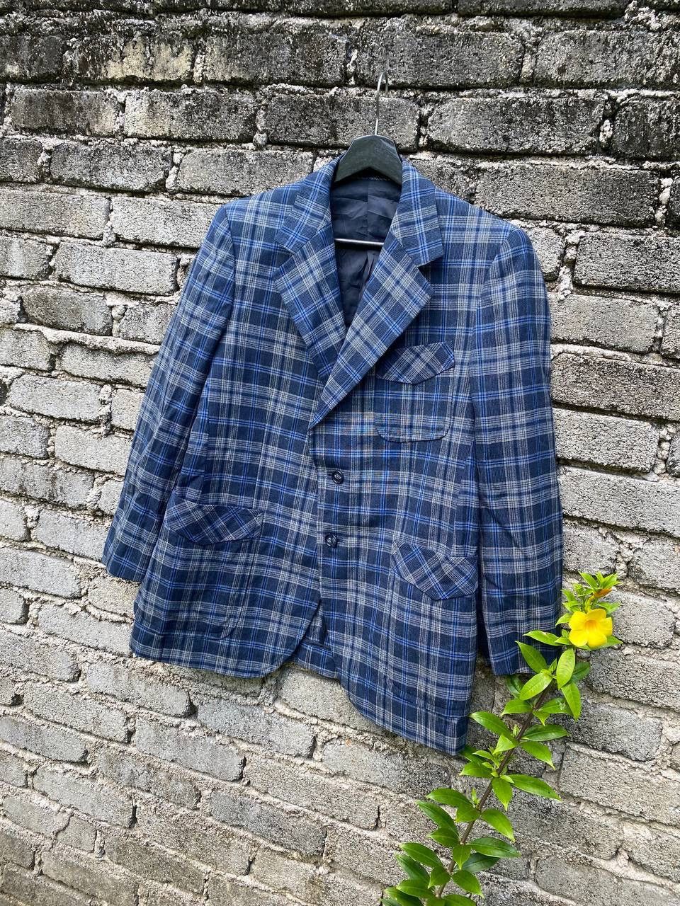 Lanvin × Vintage Vintage 90s Lanvin Blue Checker Wool Double Breasted Size 48R - 2 Thumbnail