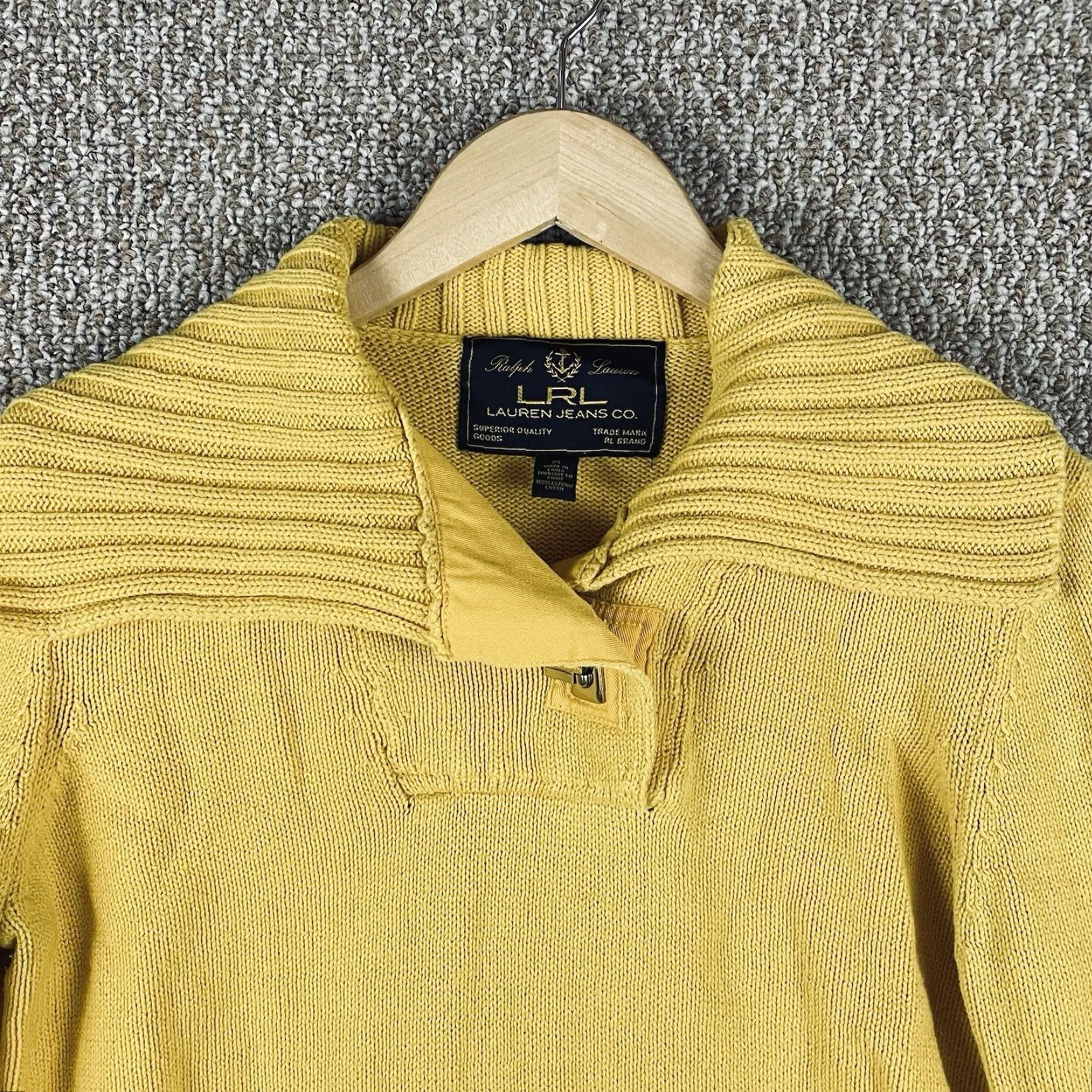 Ralph Lauren Ralph Lauren Sweater Womens M Mustard Ribbed Wrap Shawl Collar Gold Clasp E57 Square Knit Pullover Size M / US 6-8 / IT 42-44 - 2 Thumbnail