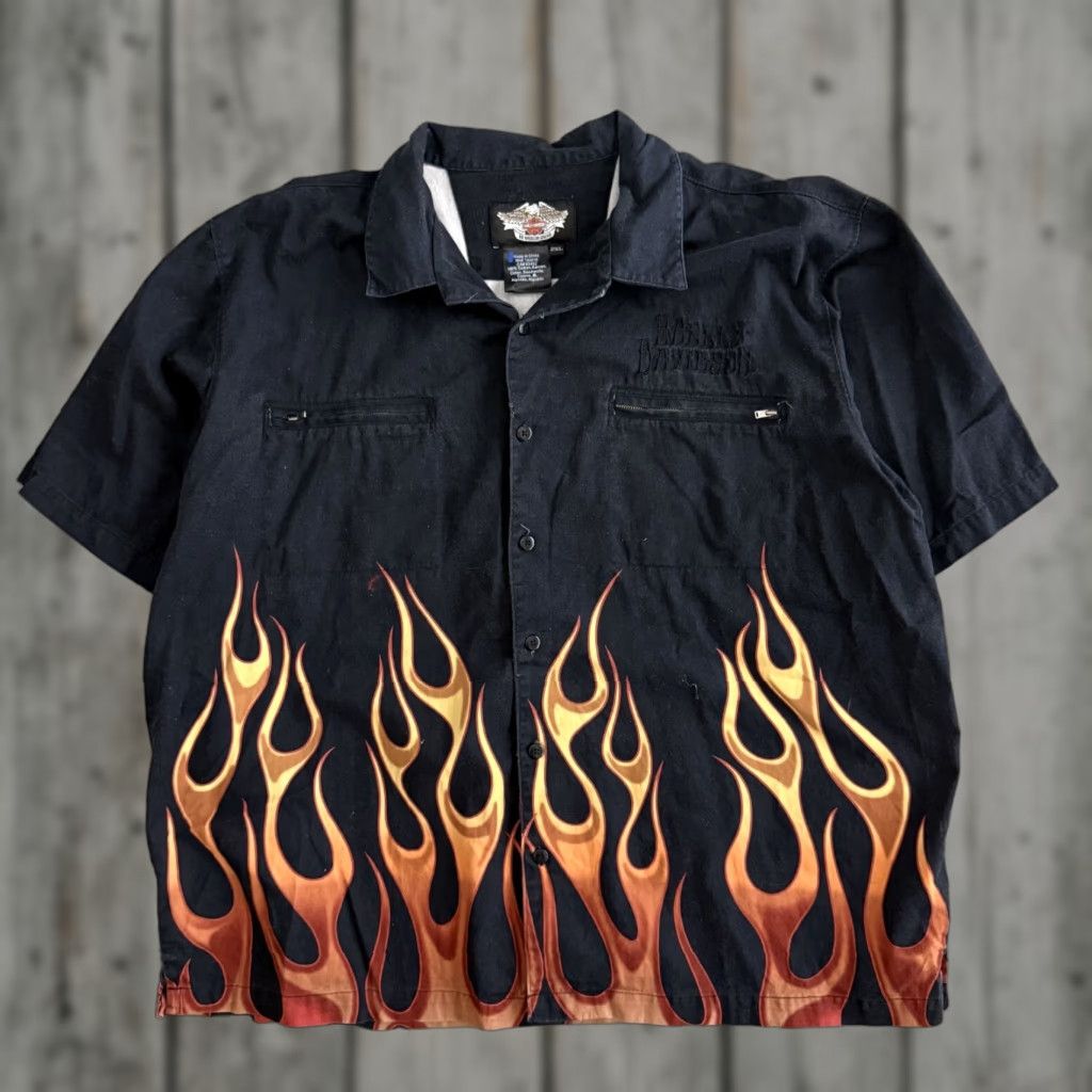 VINTAGE Harley-Davidson Button-Up Shirt Mens XL Black Flames Screamin Eagle NHRA Hot Rod Graphic Print Short Sleeve Collared Shirt Mens XL Black