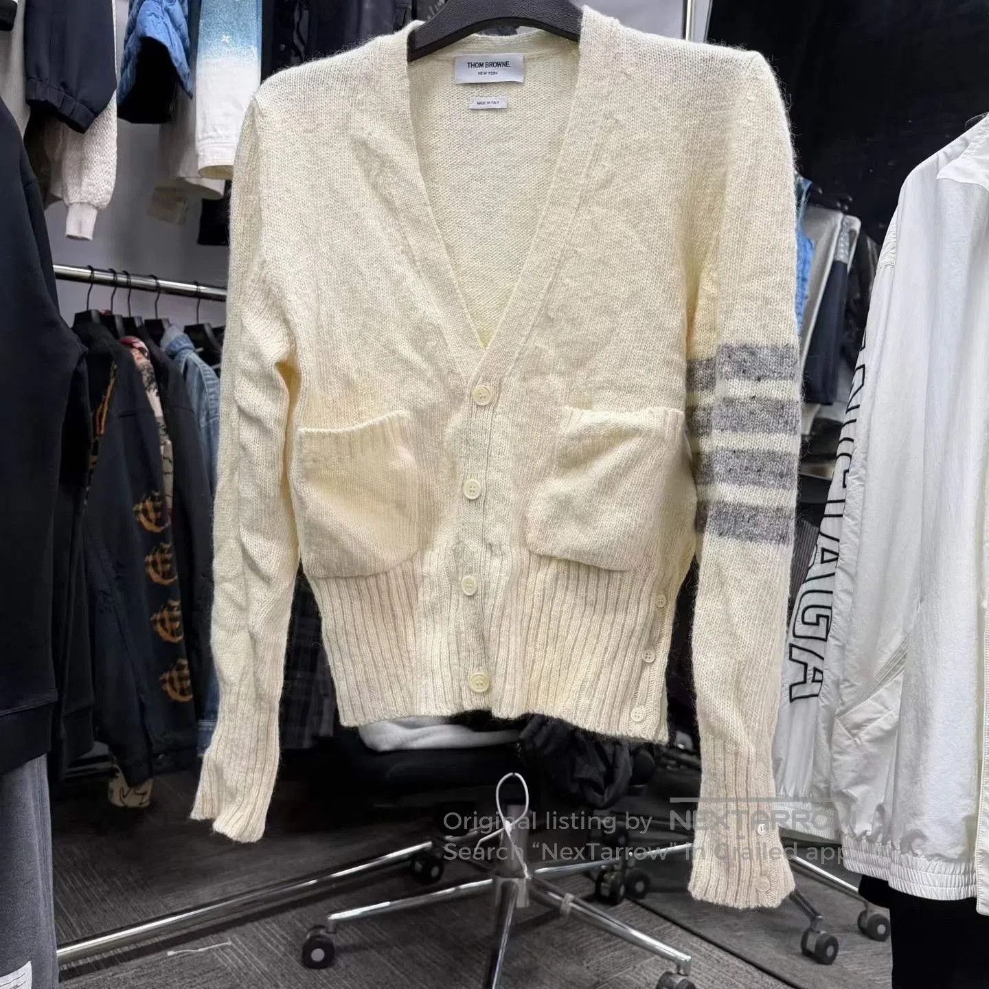 Thom Browne Thome Browne Cream Wool Four-Stripe Cardigan. Size US M / EU 48-50 / 2 - 1 Thumbnail